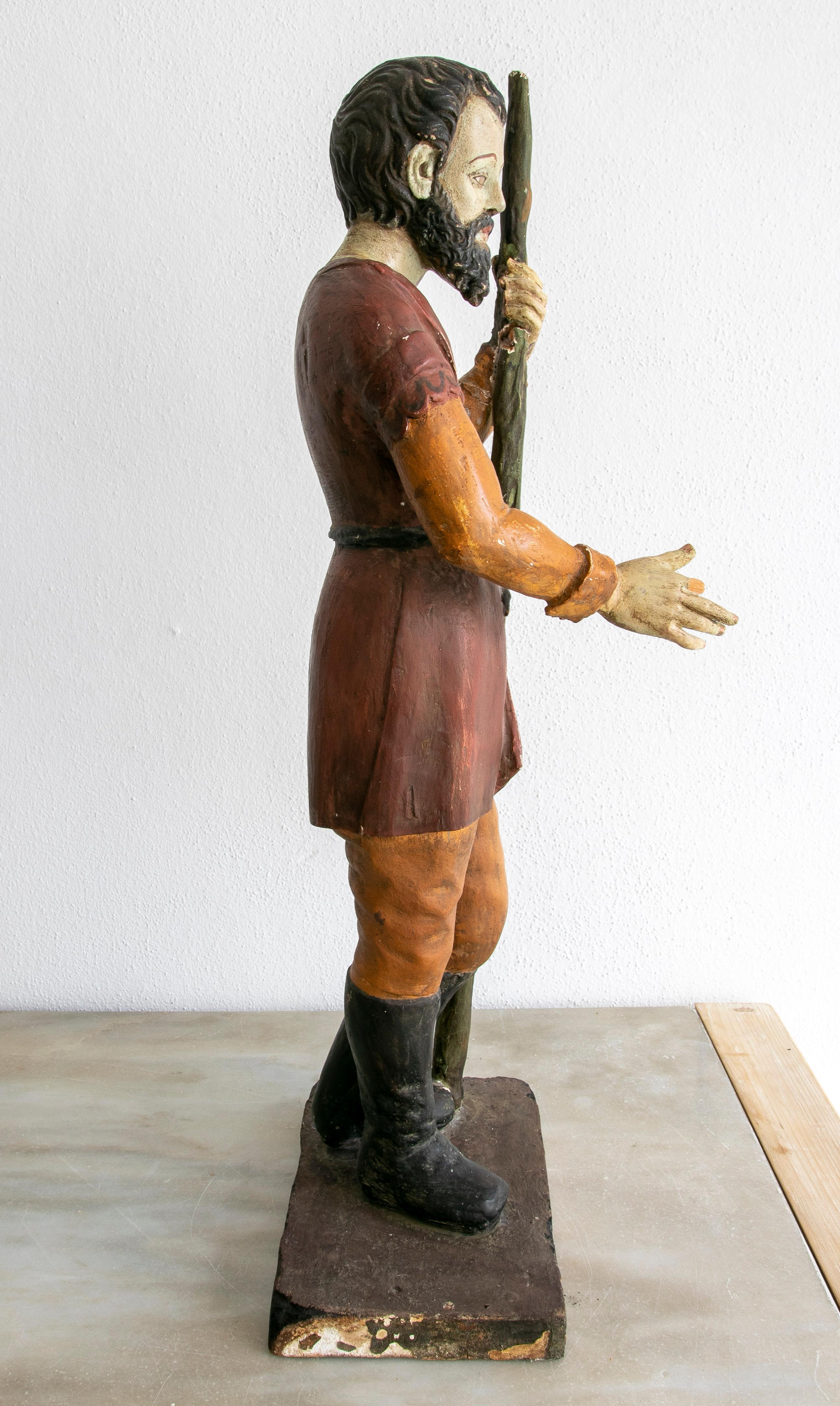19th Century Spanish Wooden Painted Figure Sculpture of a Saint Holding a Stick In Good Condition For Sale In Marbella, ES