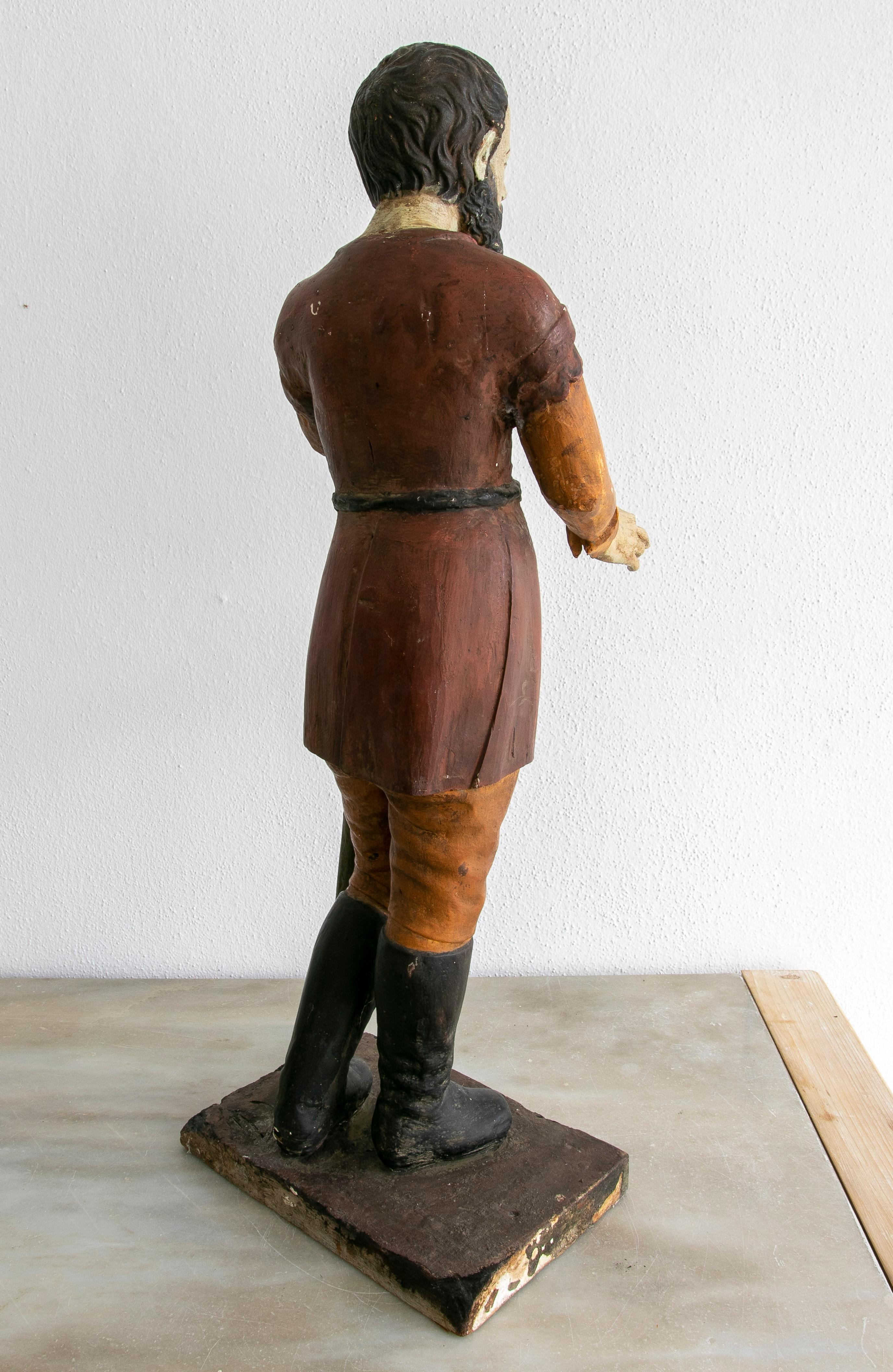 19th Century Spanish Wooden Painted Figure Sculpture of a Saint Holding a Stick For Sale 1