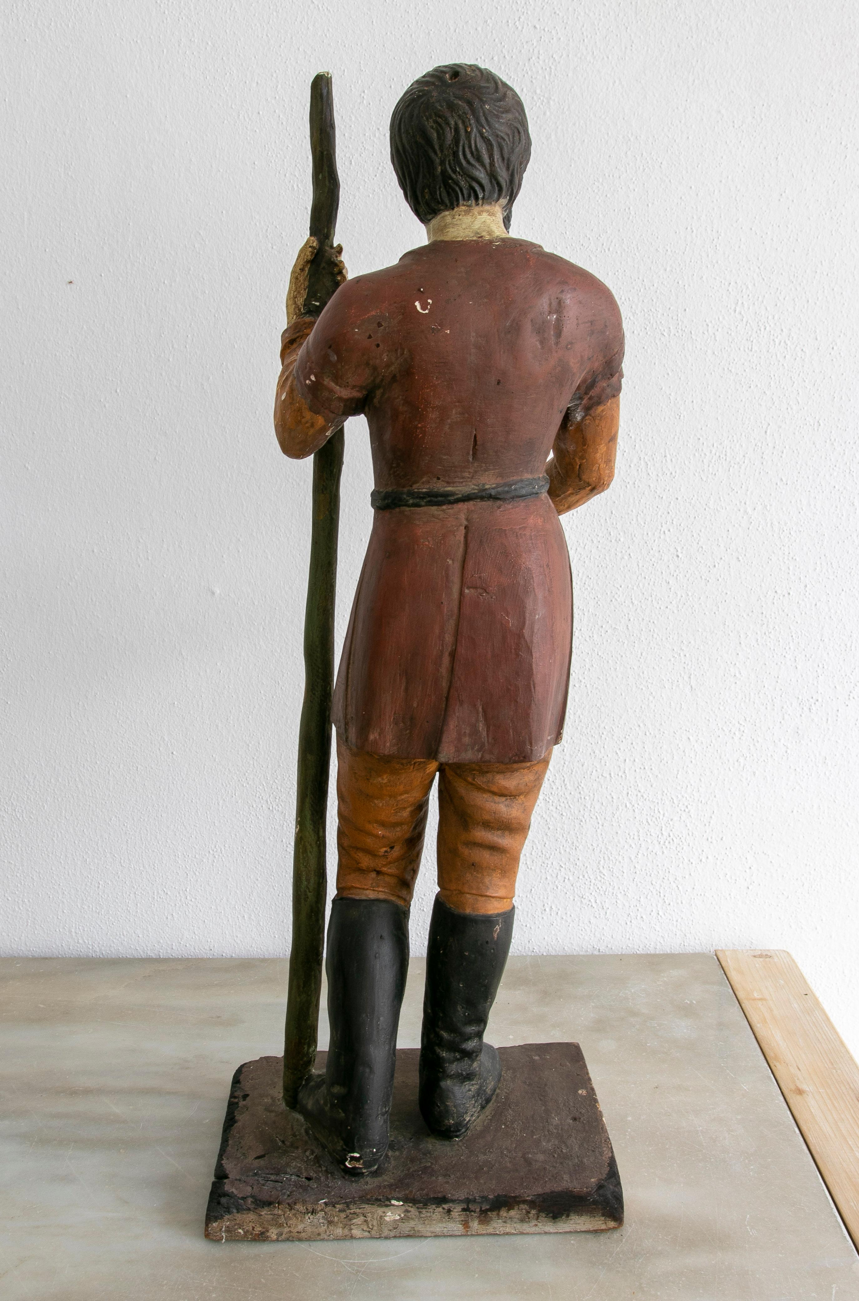 19th Century Spanish Wooden Painted Figure Sculpture of a Saint Holding a Stick For Sale 2