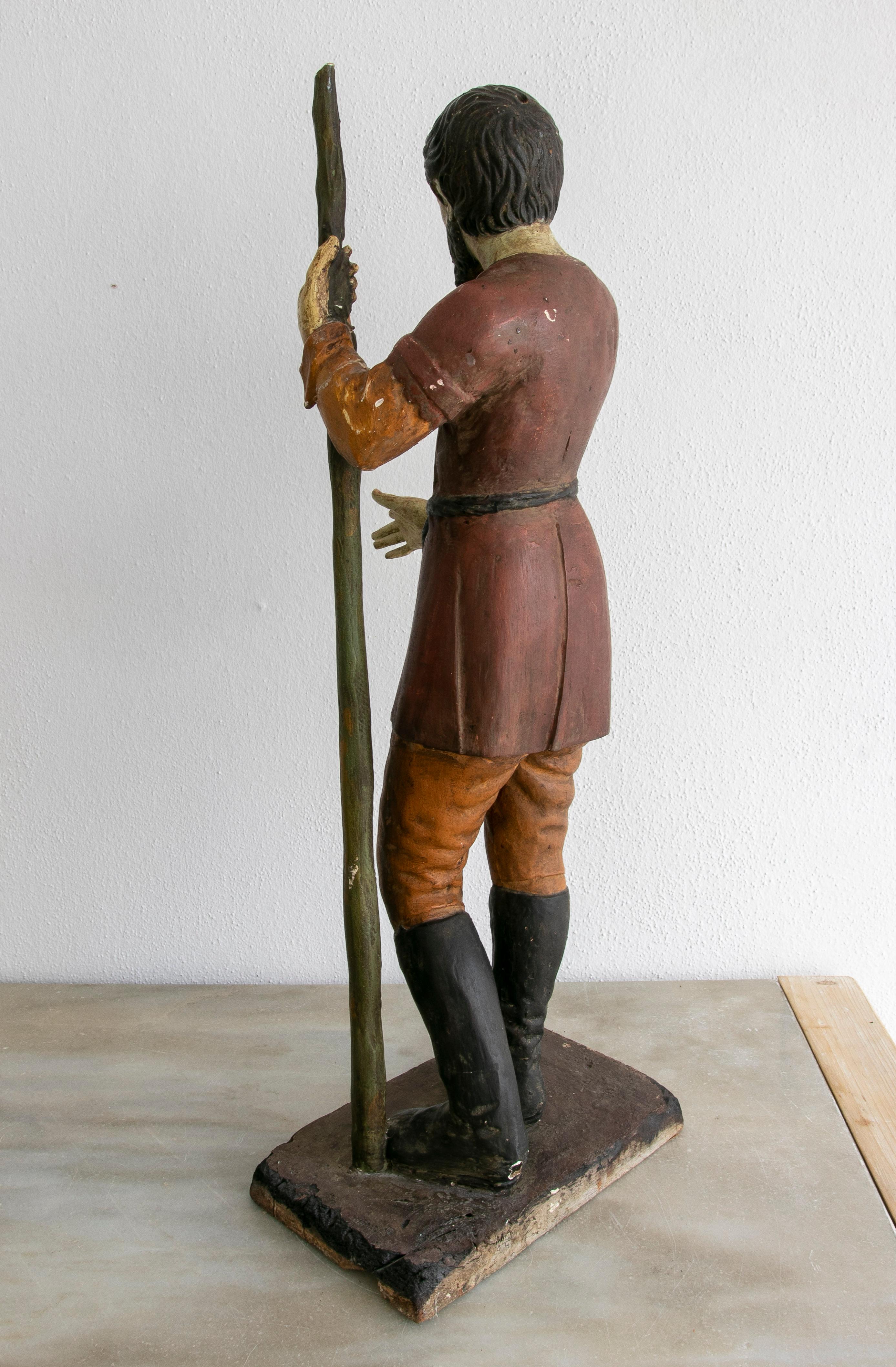 19th Century Spanish Wooden Painted Figure Sculpture of a Saint Holding a Stick For Sale 3