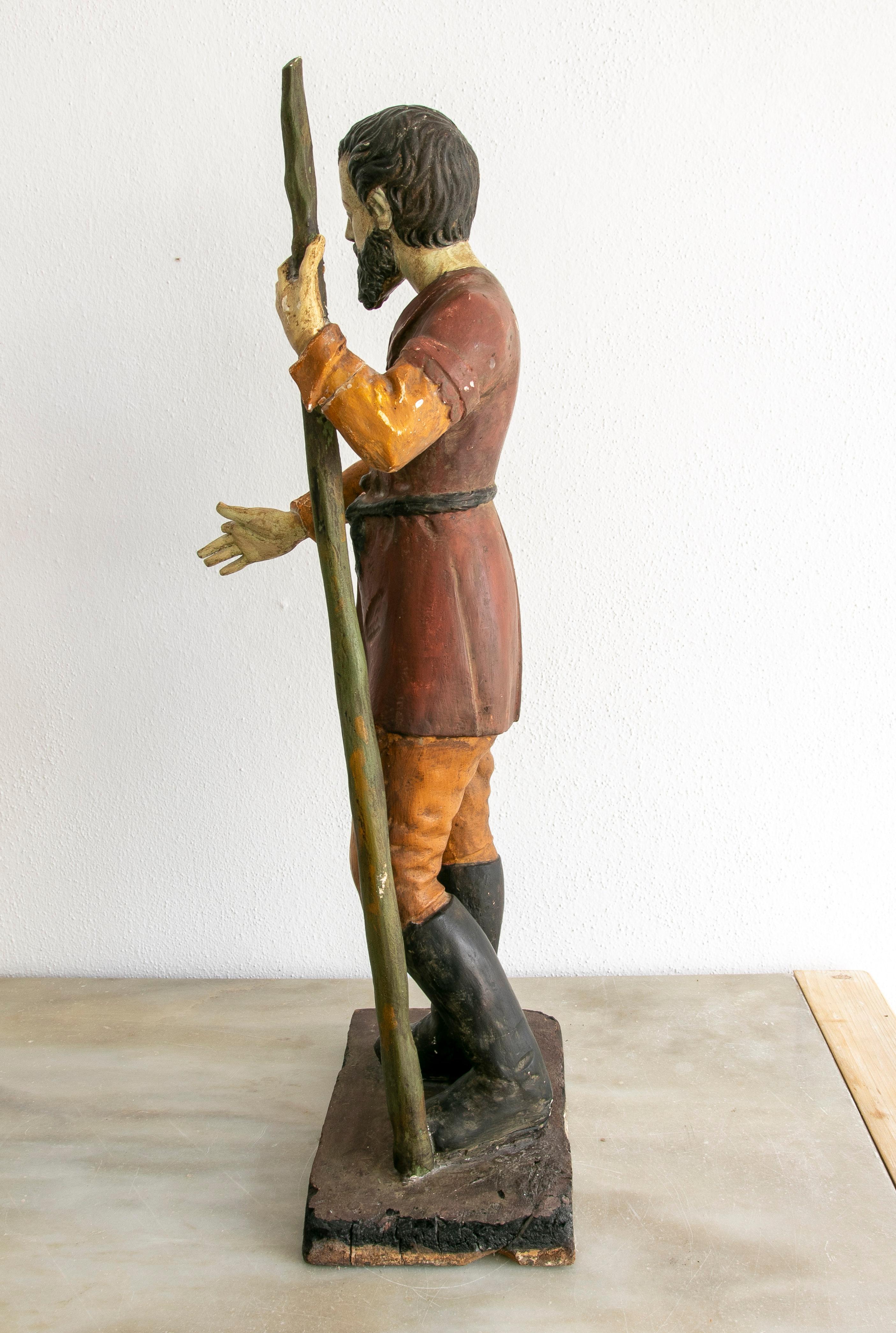 19th Century Spanish Wooden Painted Figure Sculpture of a Saint Holding a Stick For Sale 4