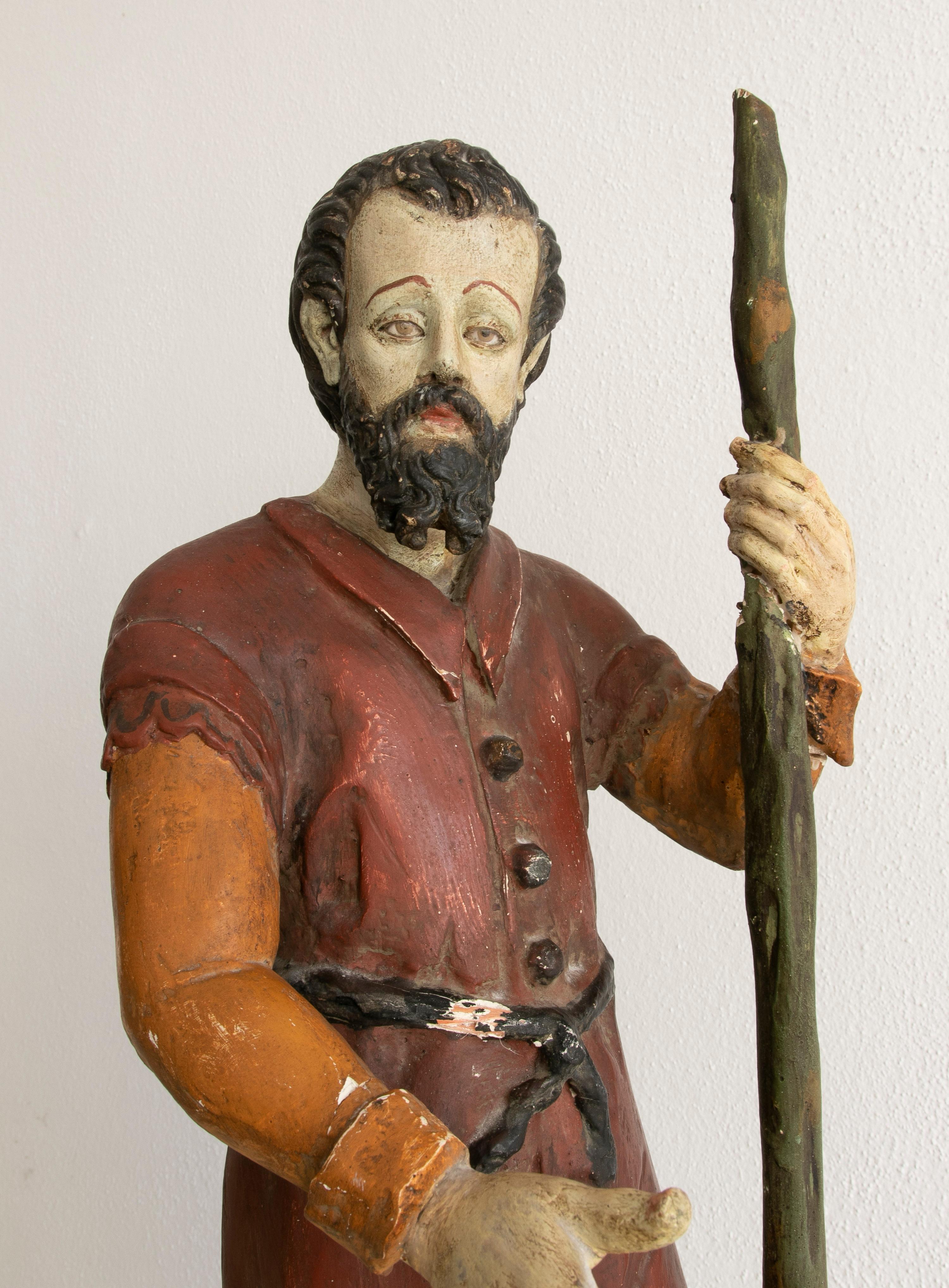19th Century Spanish Wooden Painted Figure Sculpture of a Saint Holding a Stick For Sale 5