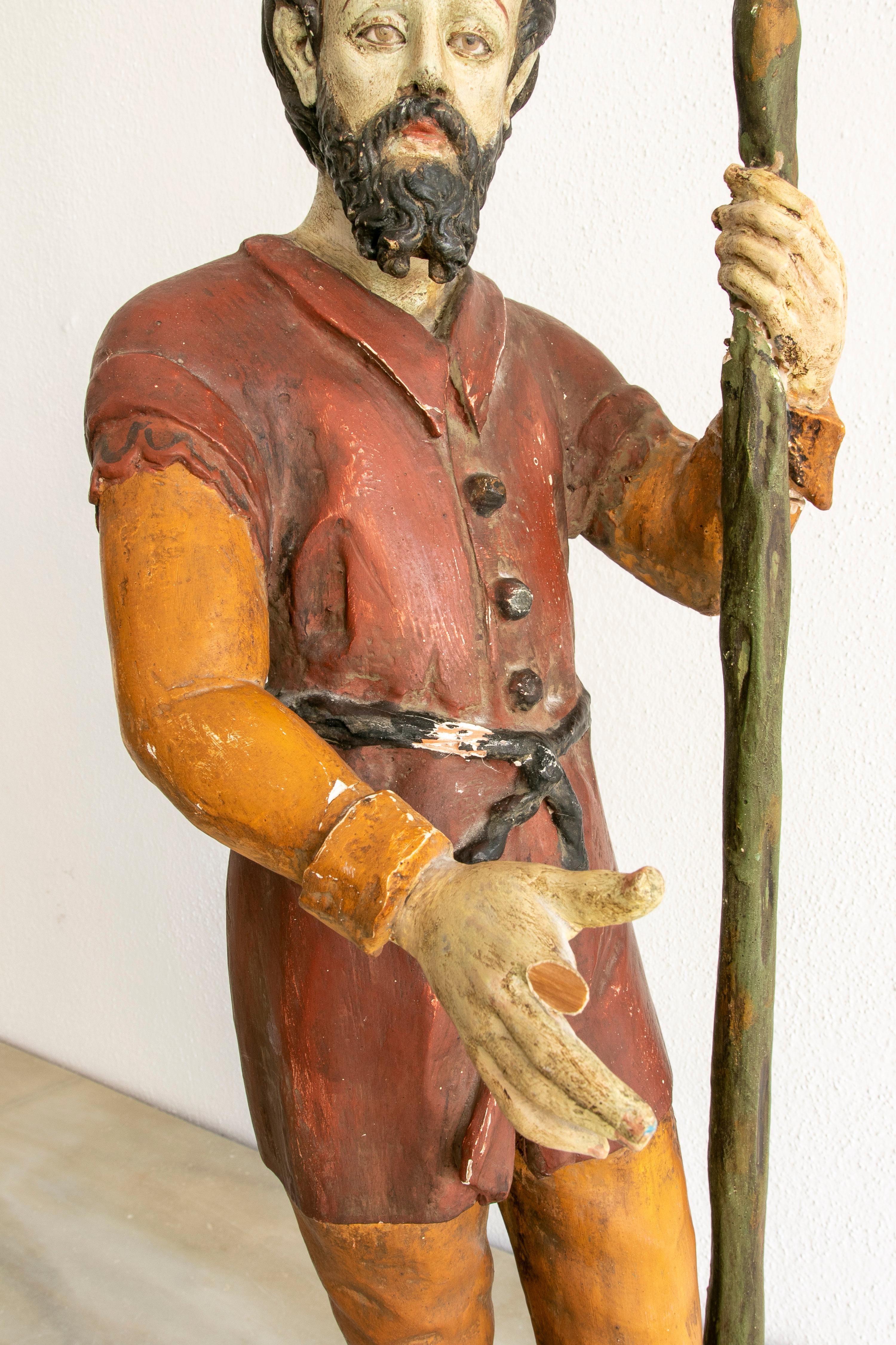19th Century Spanish Wooden Painted Figure Sculpture of a Saint Holding a Stick For Sale 6