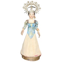 19th Century Spanish Wooden Polychrome Virgin Sculpture with Original Clothing