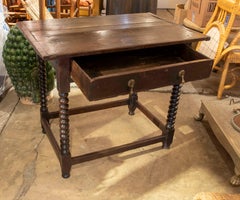 19th Century Spanish Wooden Table with Drawer with Turned Legs