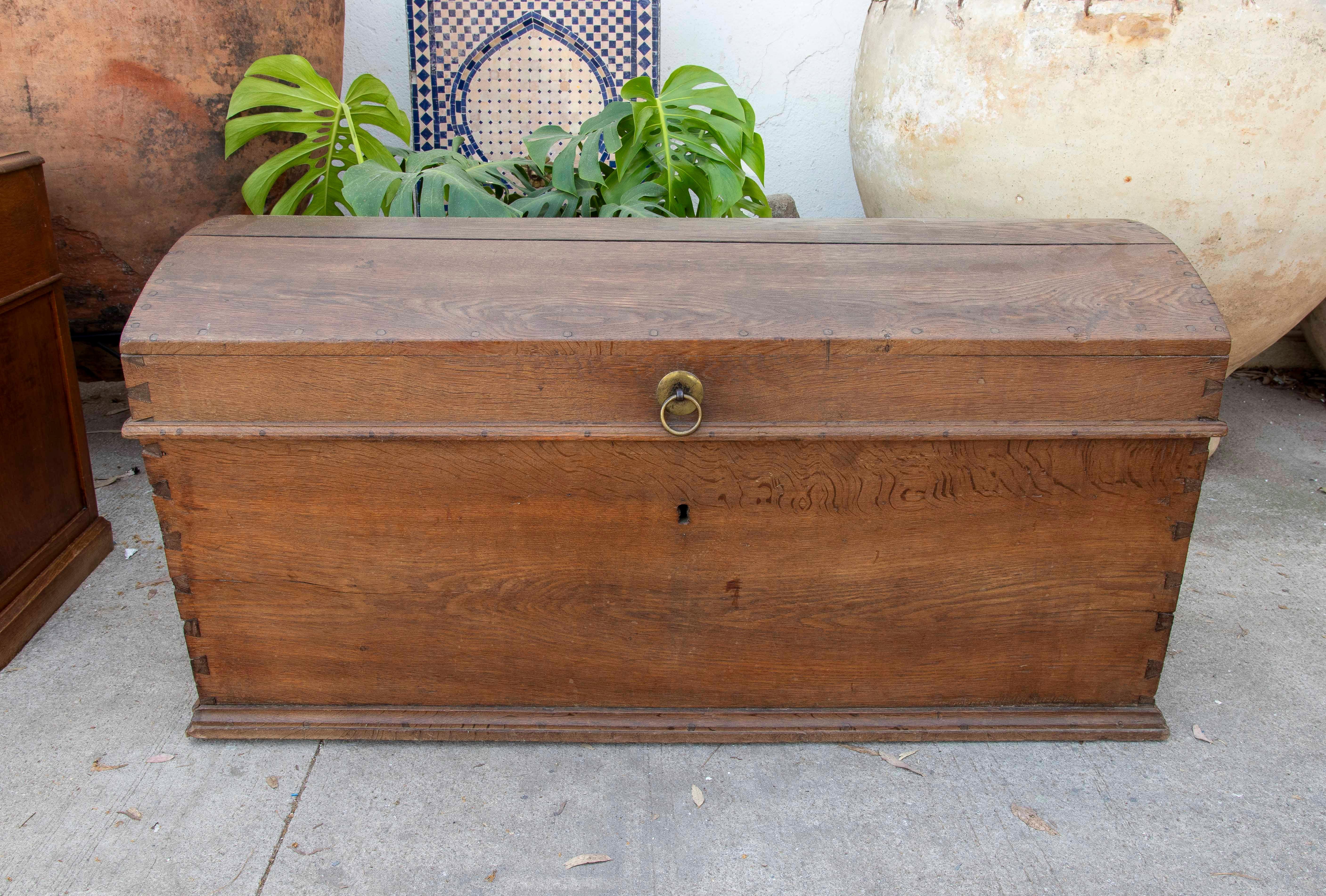 19th Century Spanish Wooden Trunk with Iron and Bronze Handles 
