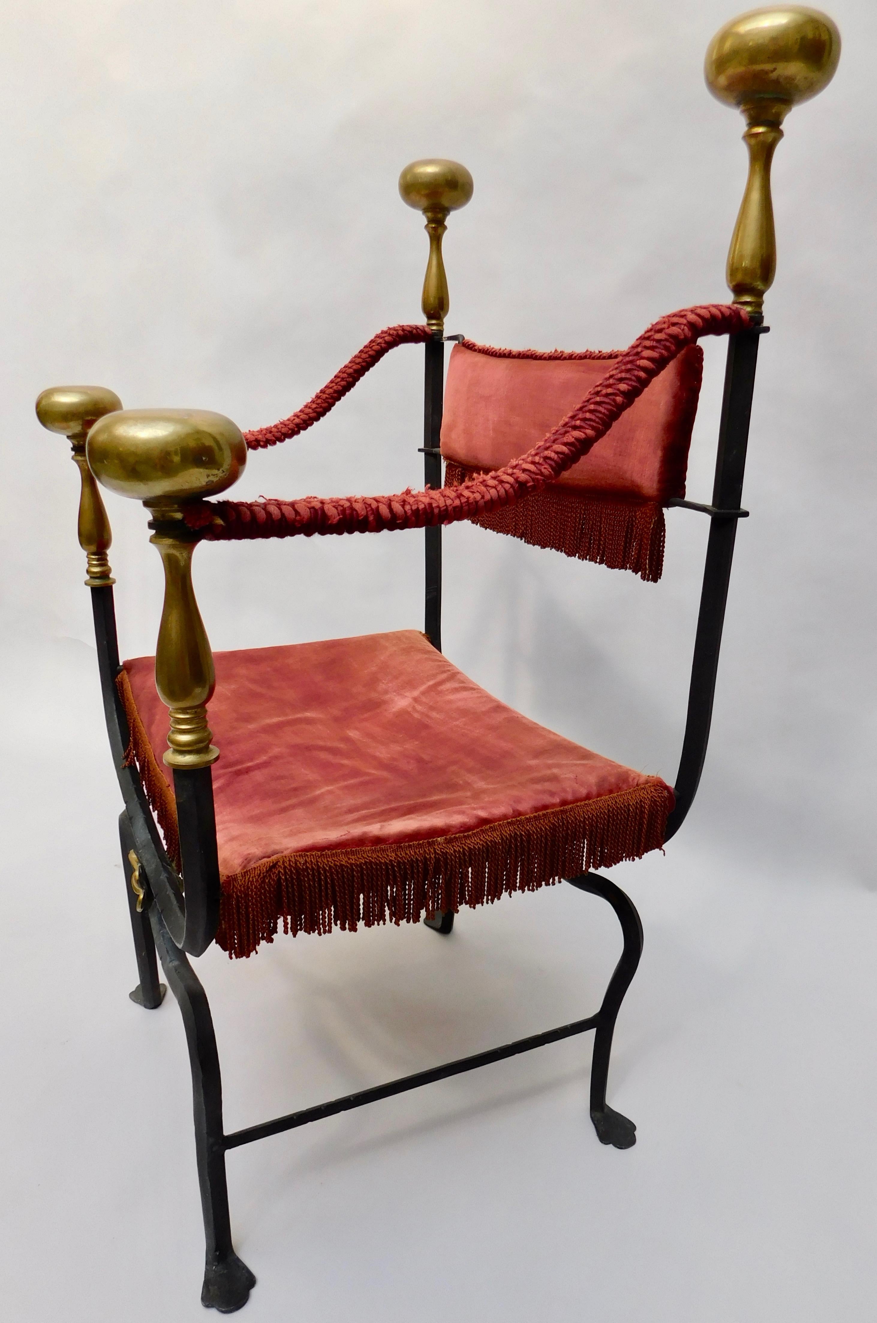 19th Century Spanish Wrought Iron and Brass Savonarola Chair For Sale 1