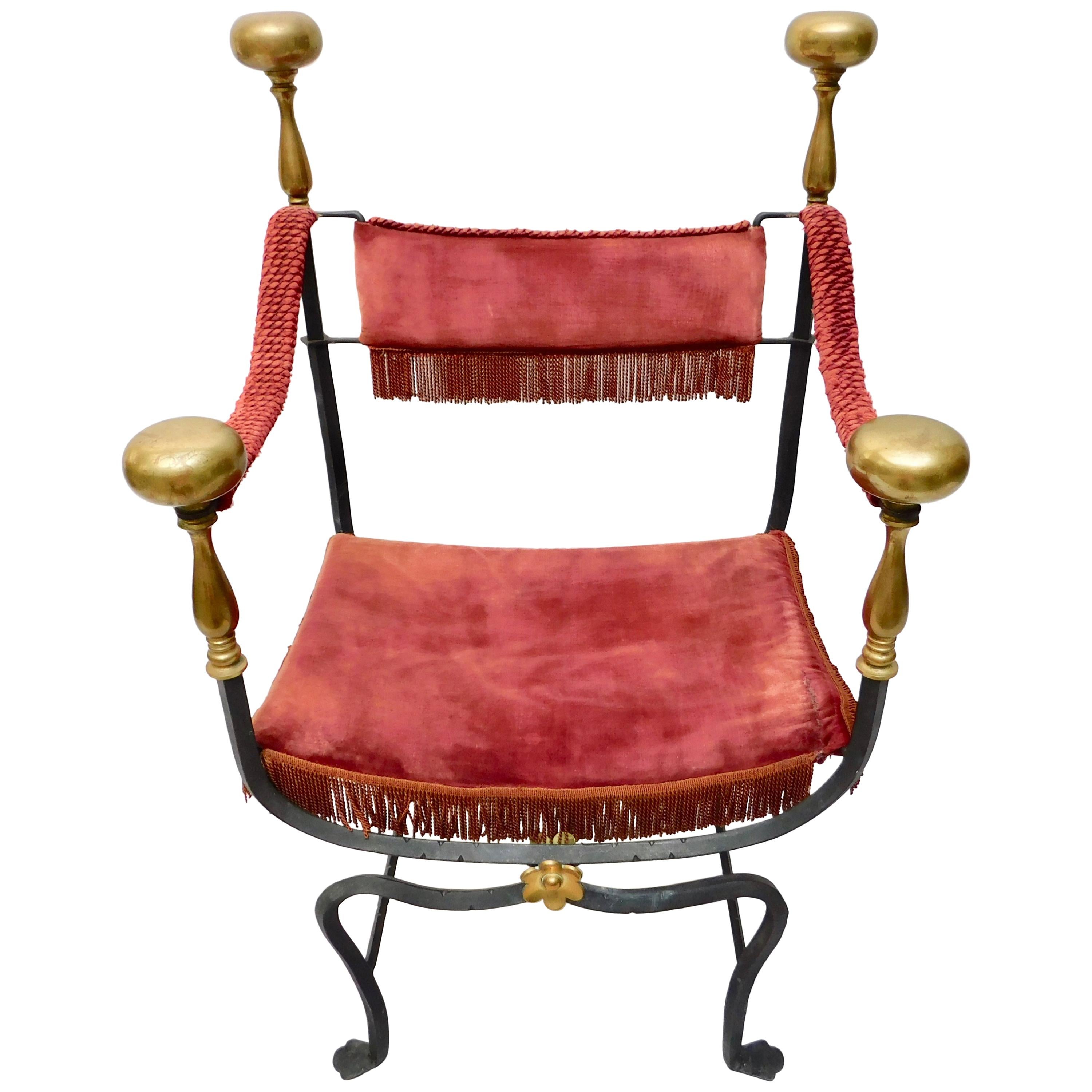 19th Century Spanish Wrought Iron and Brass Savonarola Chair For Sale