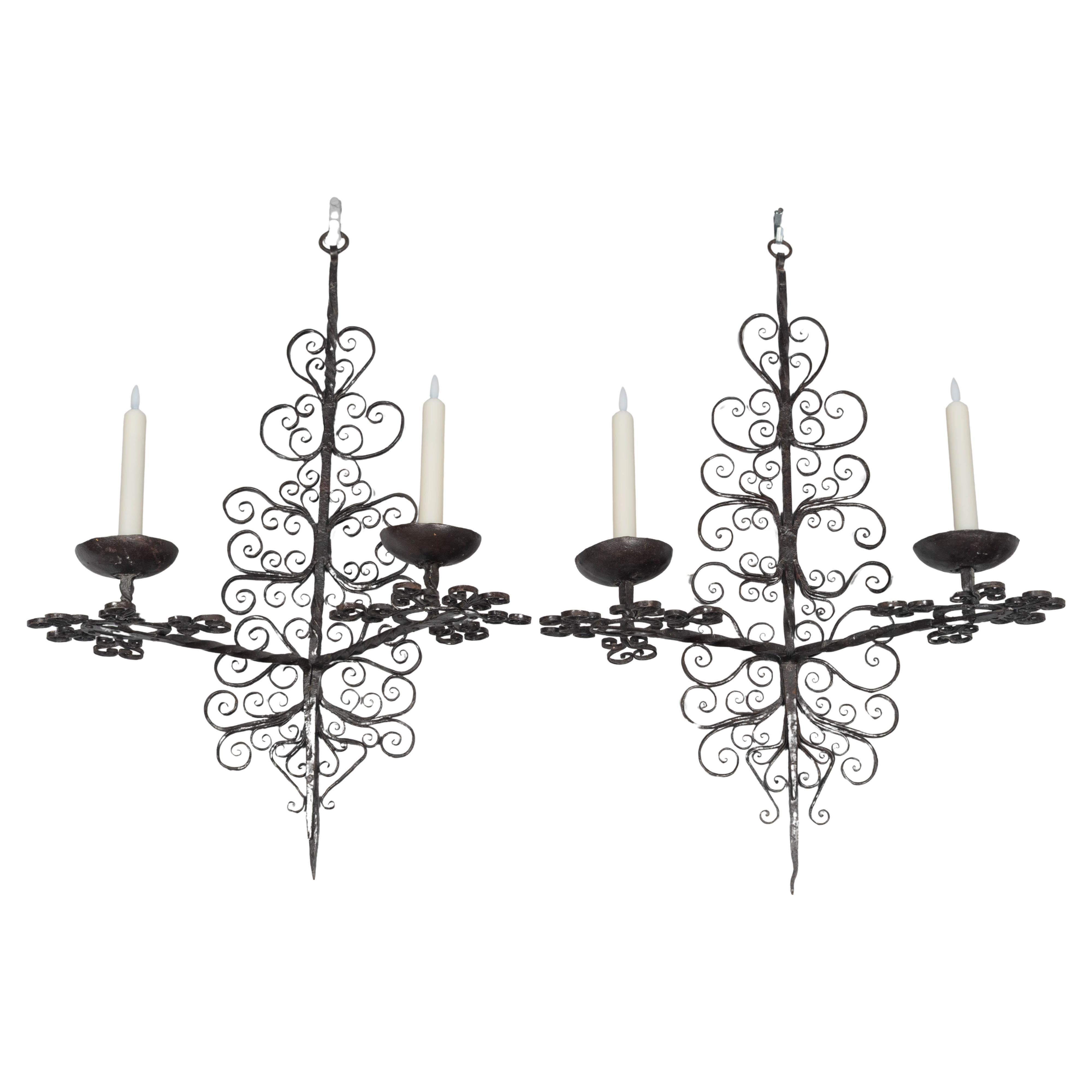 19th Century Spanish Wrought Iron Candle Sconces, a Pair