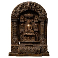 19th century Special antique Nepali bronze Buddha panel with Bhumisparsha mudra