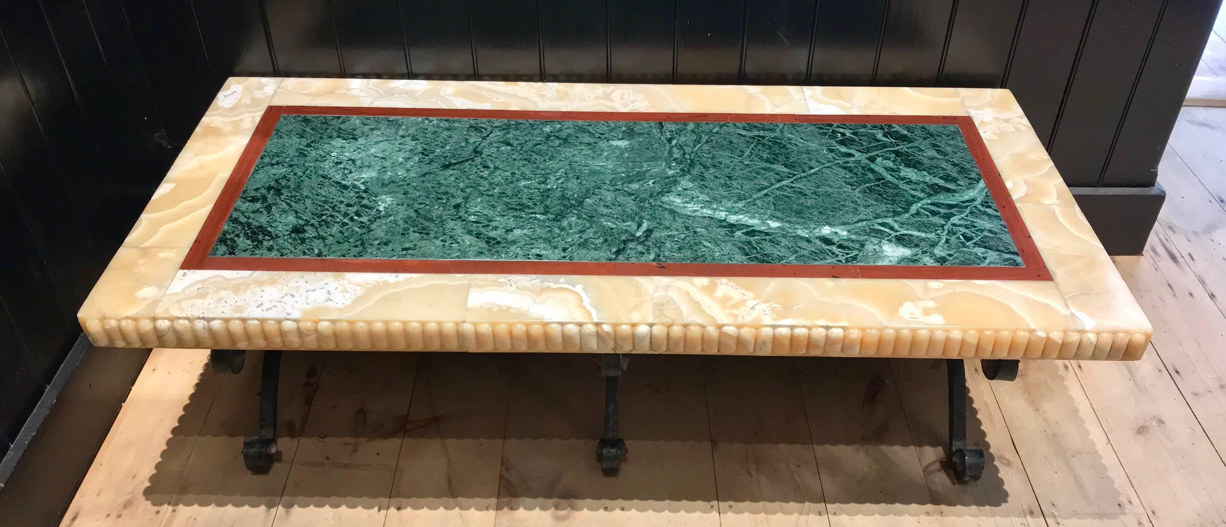 Rare and spectacular Egyptian alabaster and specimen marble bench on original iron base

--In Roman Revival style
--Deaccessioned from the Philadelphia History Museum and originally was one of a few
crafted for the original building as the