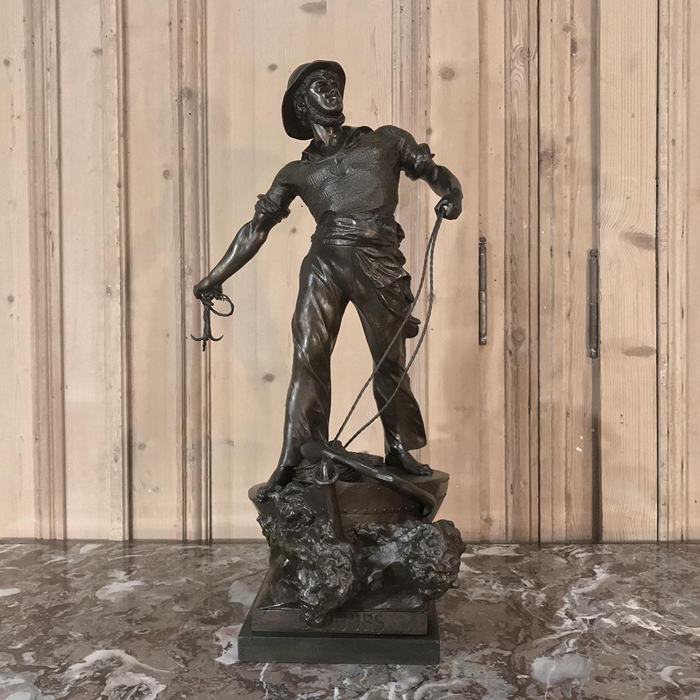 Hand-Painted 19th Century Spelter Statue of Fisherman by sculptor Waagen '1869-1910'