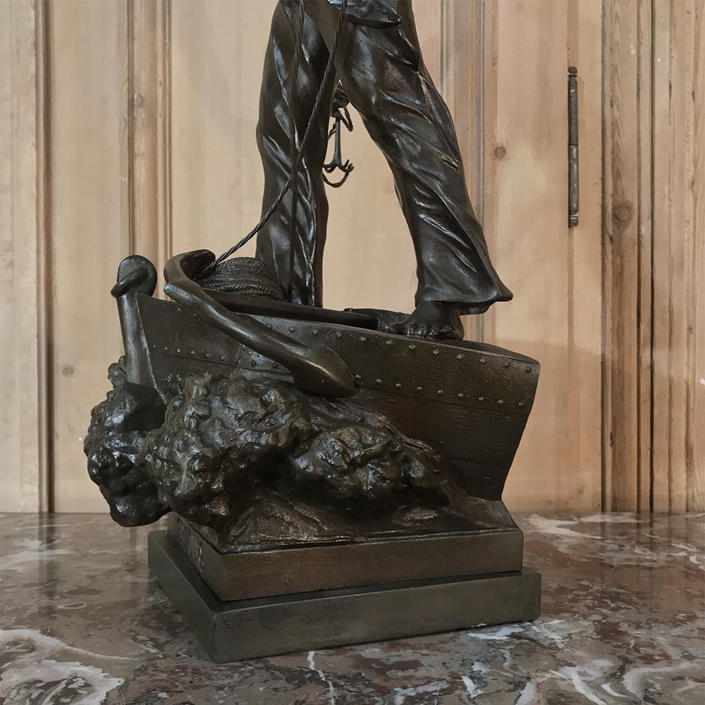 19th Century Spelter Statue of Fisherman by sculptor Waagen '1869-1910' In Good Condition In Dallas, TX