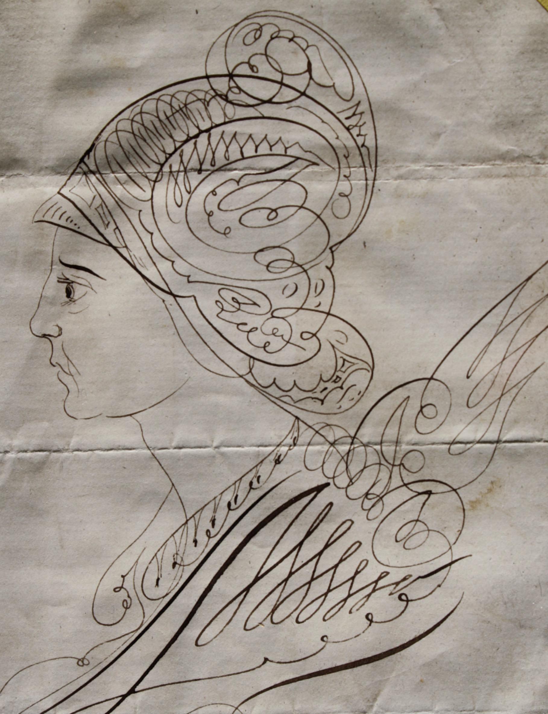19th Century Spencerian Calligraphy Portrait of Penthesilea Greek Grand Tour 5