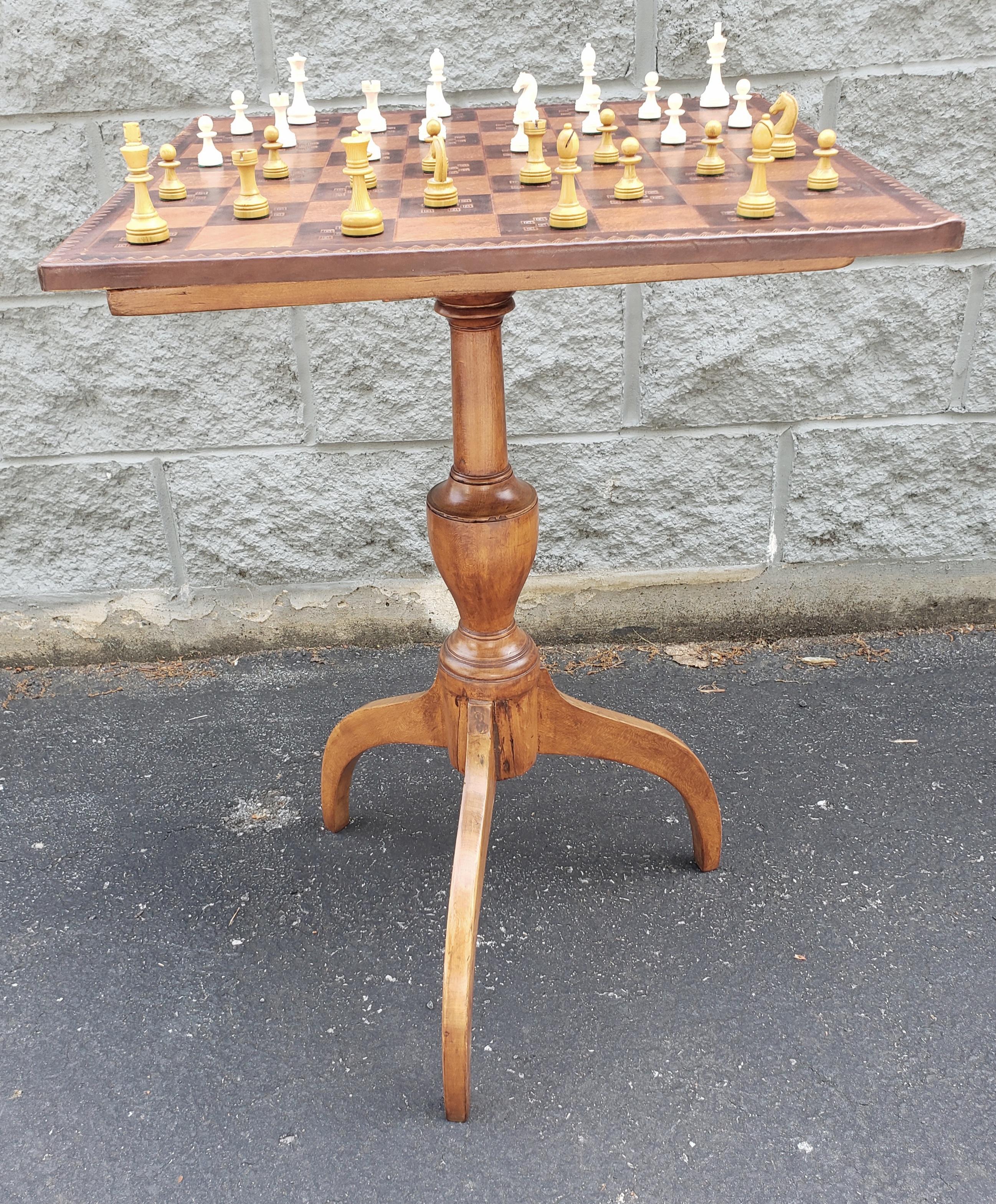 19th Century Spider Legs Maple Table & Leather Top Chess Board and Pieces Set For Sale 4