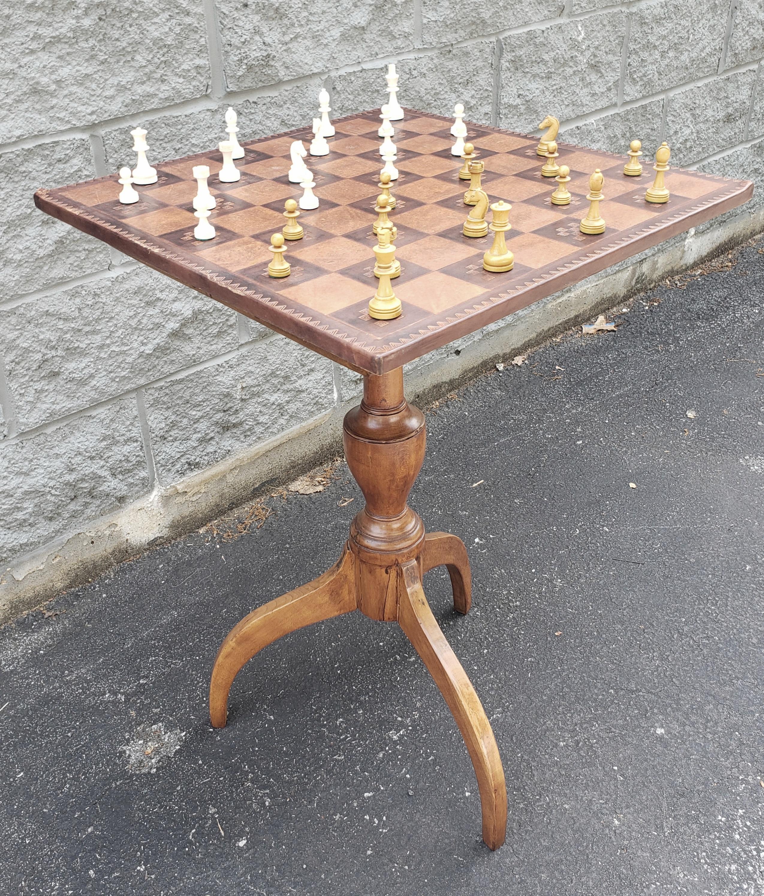 19th Century Spider Legs Maple Table & Leather Top Chess Board and Pieces Set For Sale 5