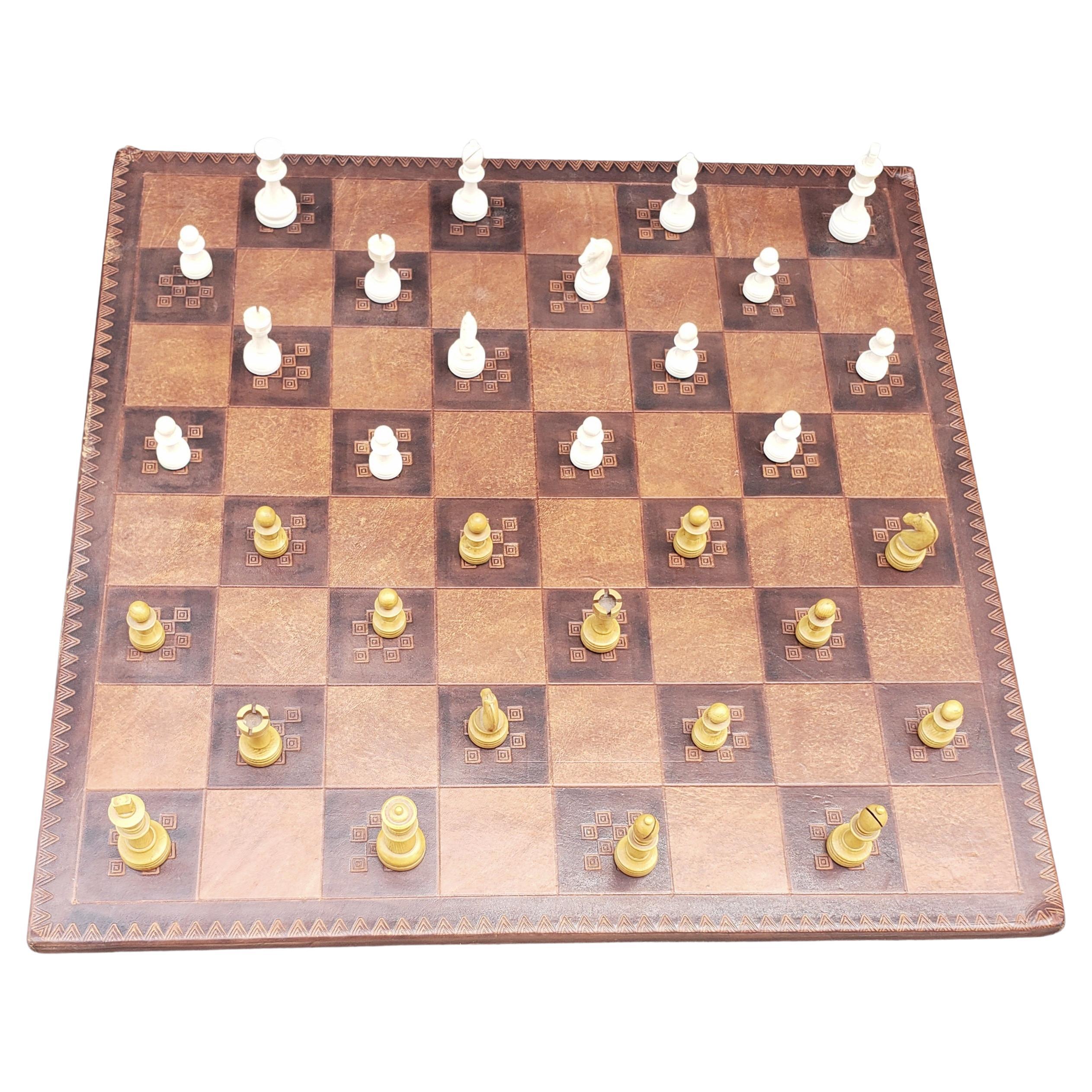 Victorian 19th Century Spider Legs Maple Table & Leather Top Chess Board and Pieces Set For Sale