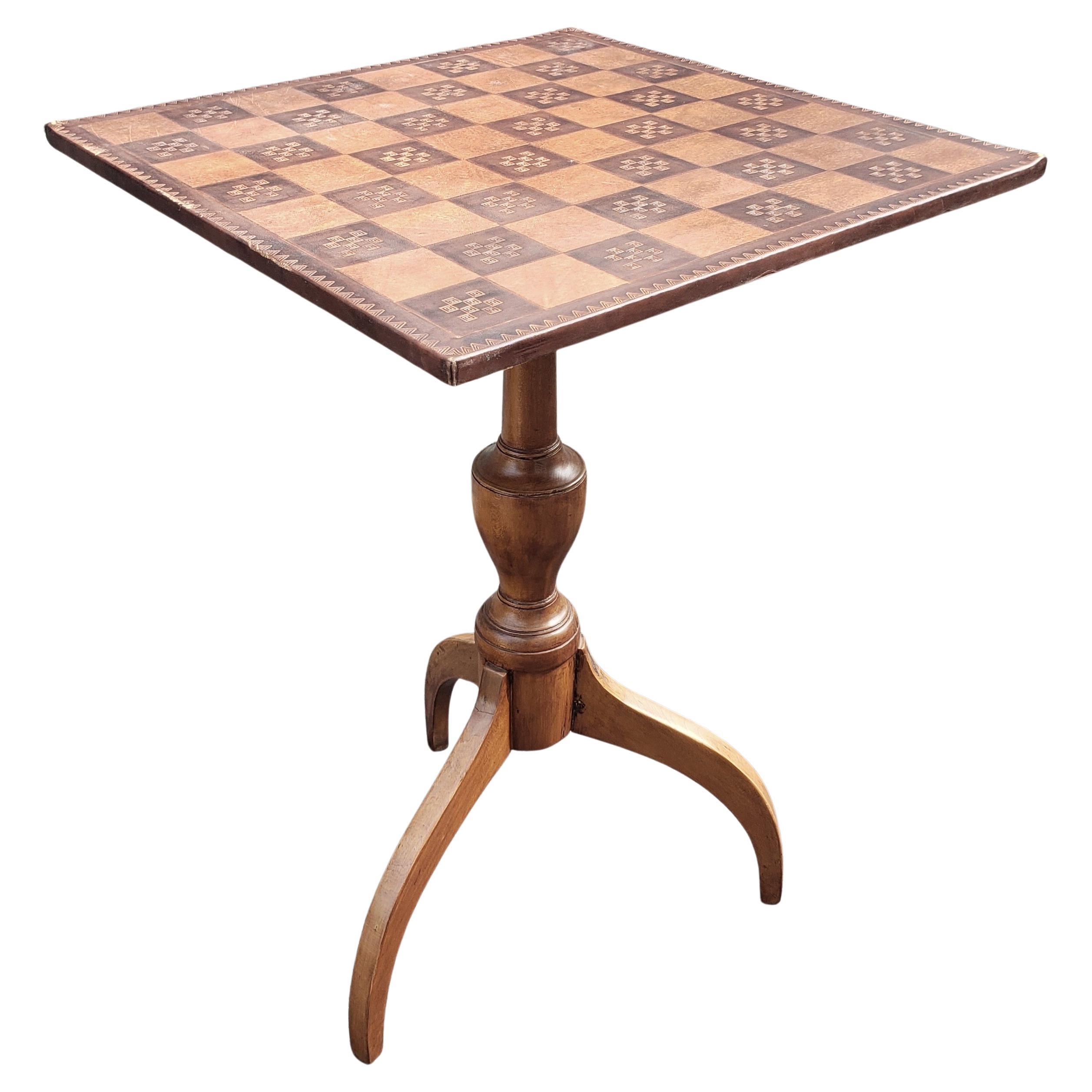 American 19th Century Spider Legs Maple Table & Leather Top Chess Board and Pieces Set For Sale