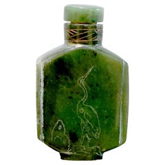 19th Century Spinach Jade Snuff Bottle with Crane and Baby Etching
