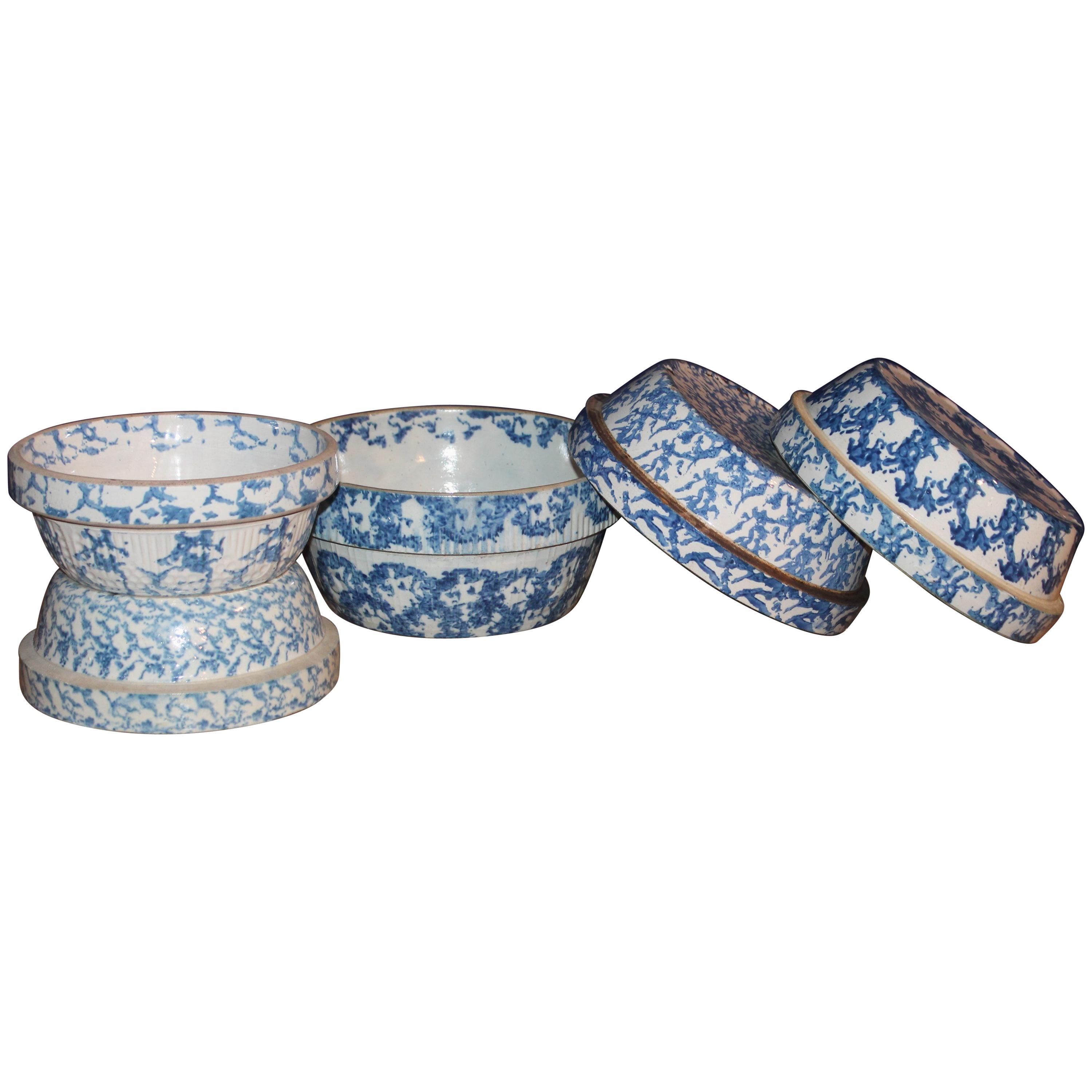 Collection of Five 19th C Spongeware Mixing Pottery Bowls  For Sale