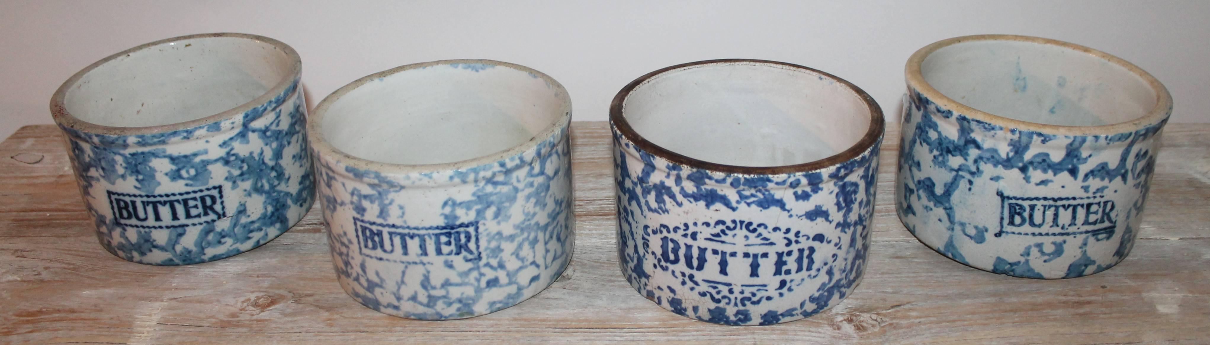 These 19th century sponge ware pottery butter crocks measures 6 x 4 and are all in good condition. Each one is slightly different from the next. So nice to see a grouping on a kitchen shelf or cupboard.
