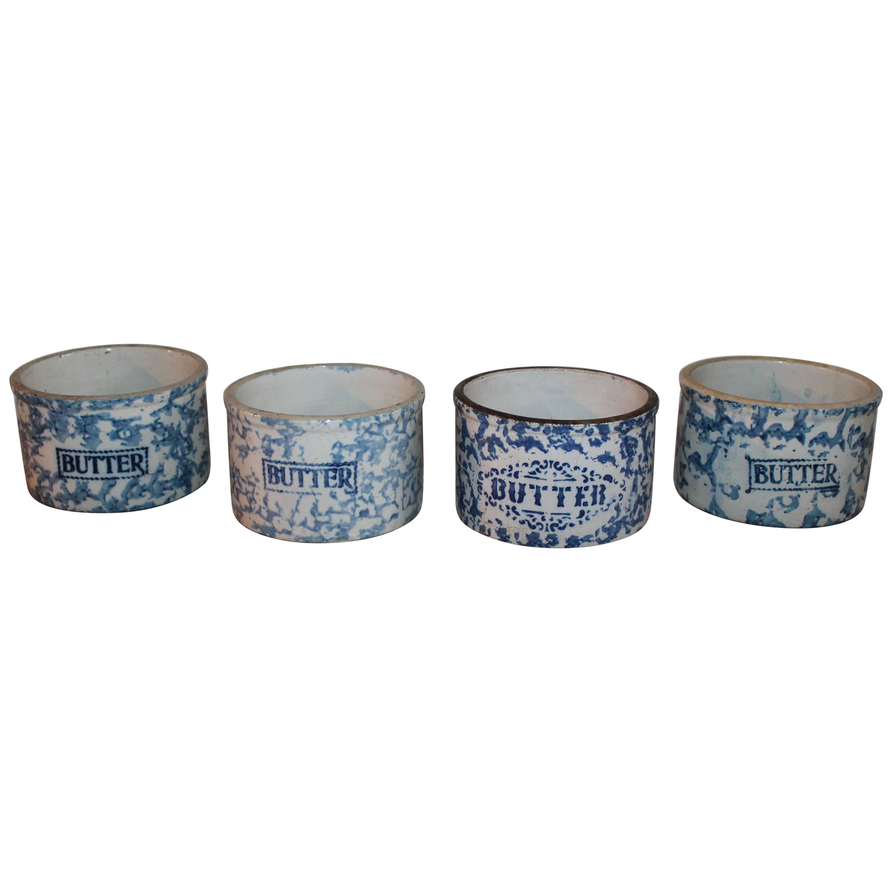 19th Century Sponge Ware Butter Crocks / Collection of Four For Sale