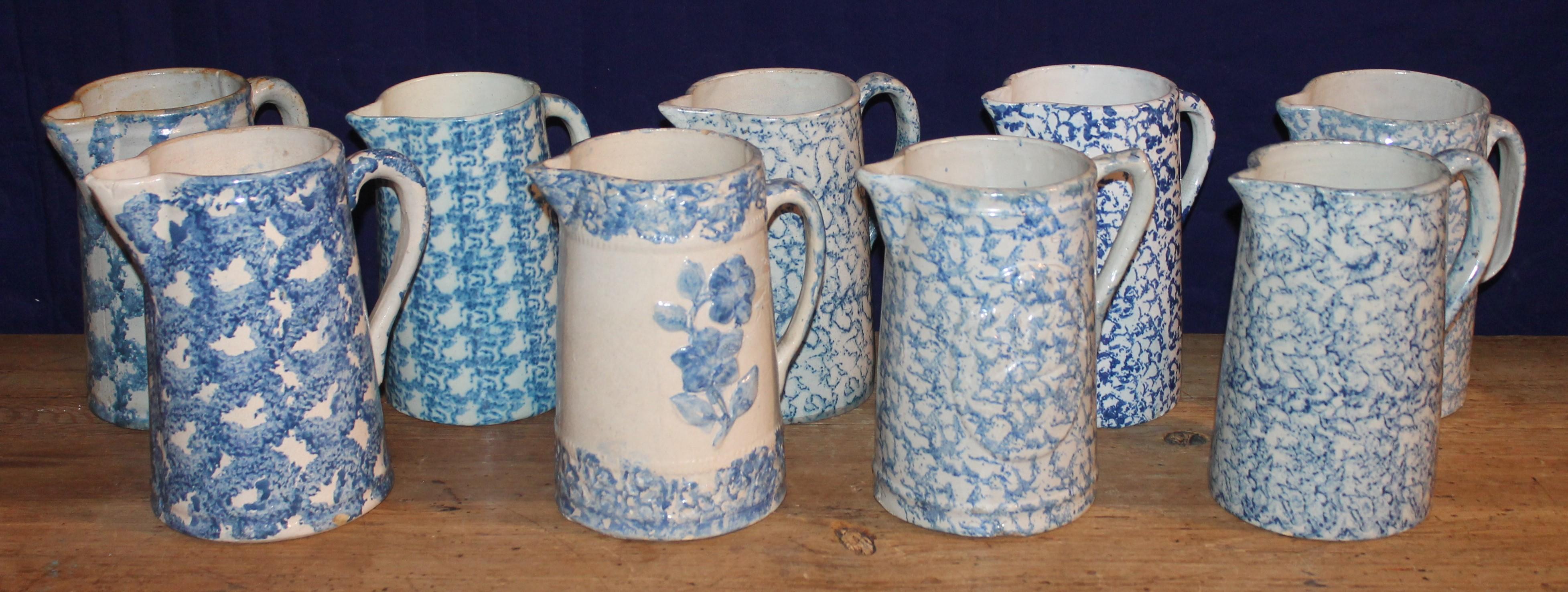 19th Century Sponge Ware Pitchers, Nine Pcs. Collection In Good Condition In Los Angeles, CA