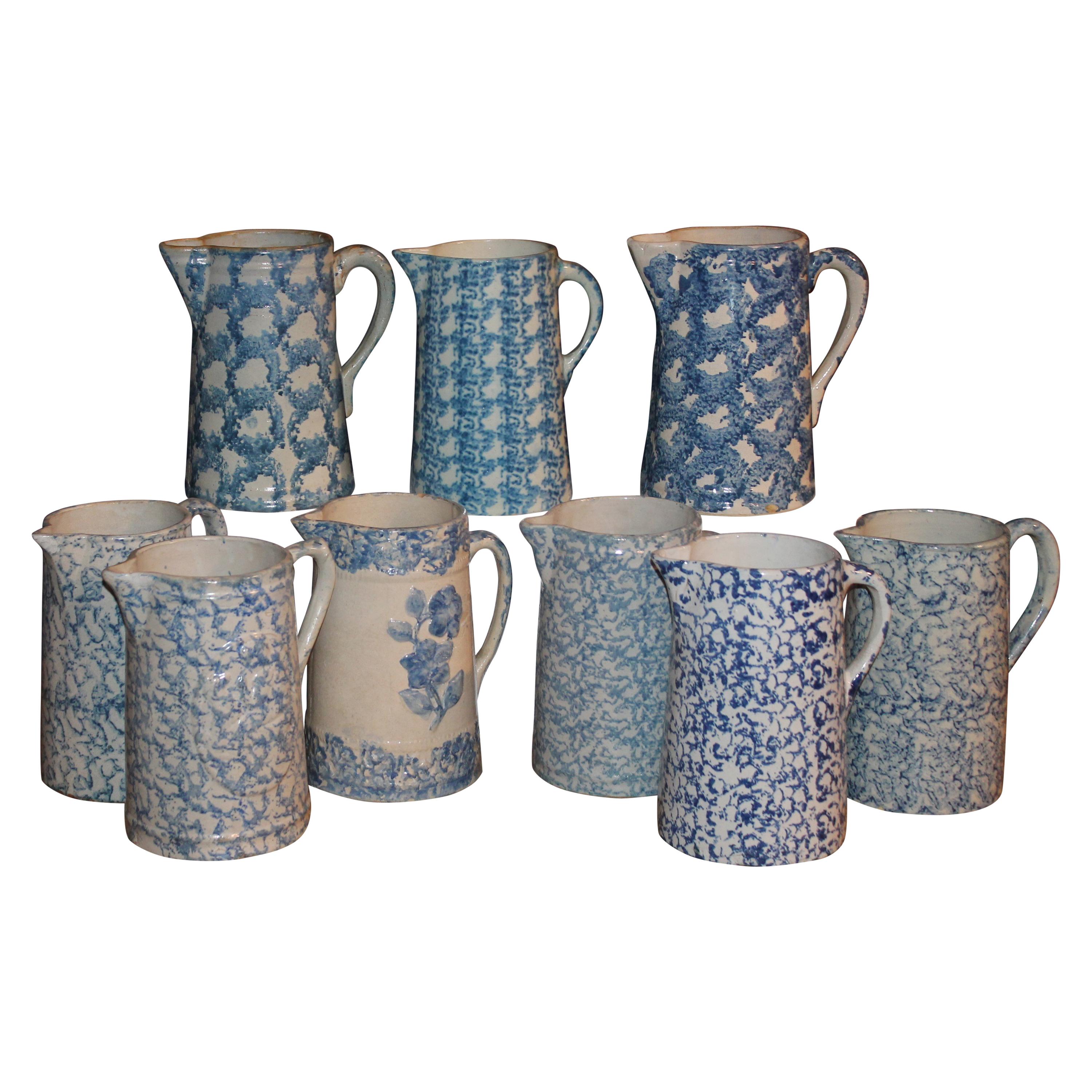 19th Century Sponge Ware Pitchers, Nine Pcs. Collection