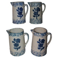 19th Century Sponge Ware Pottery Pitchers Collection of Four