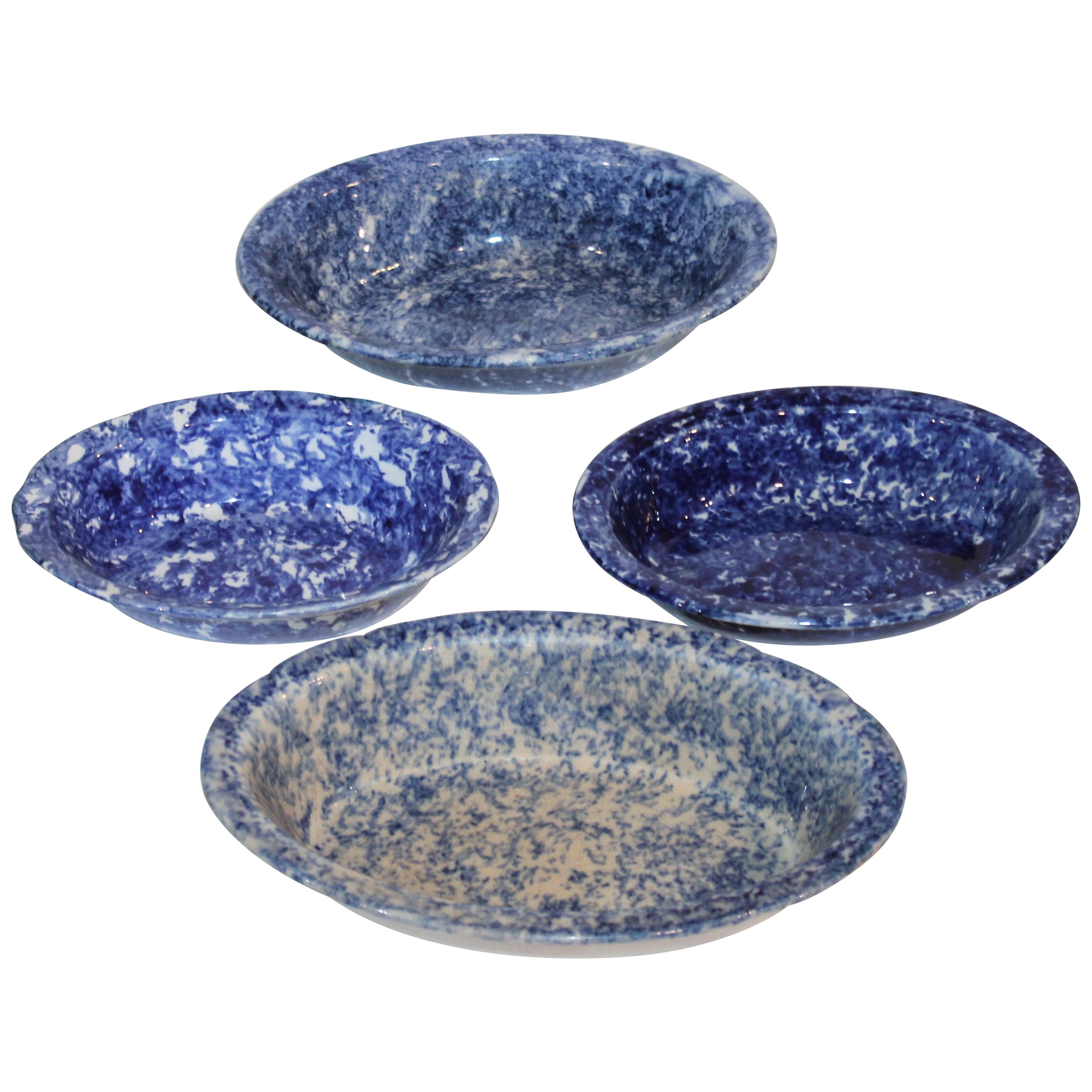 19th Century Sponge Ware Pottery Serving Bowls, Collection of Four For Sale