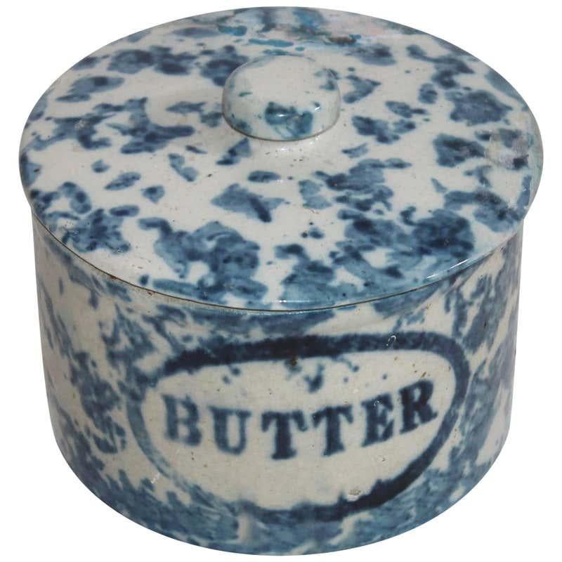 American 19th Century Spongeware Butter Crock For Sale