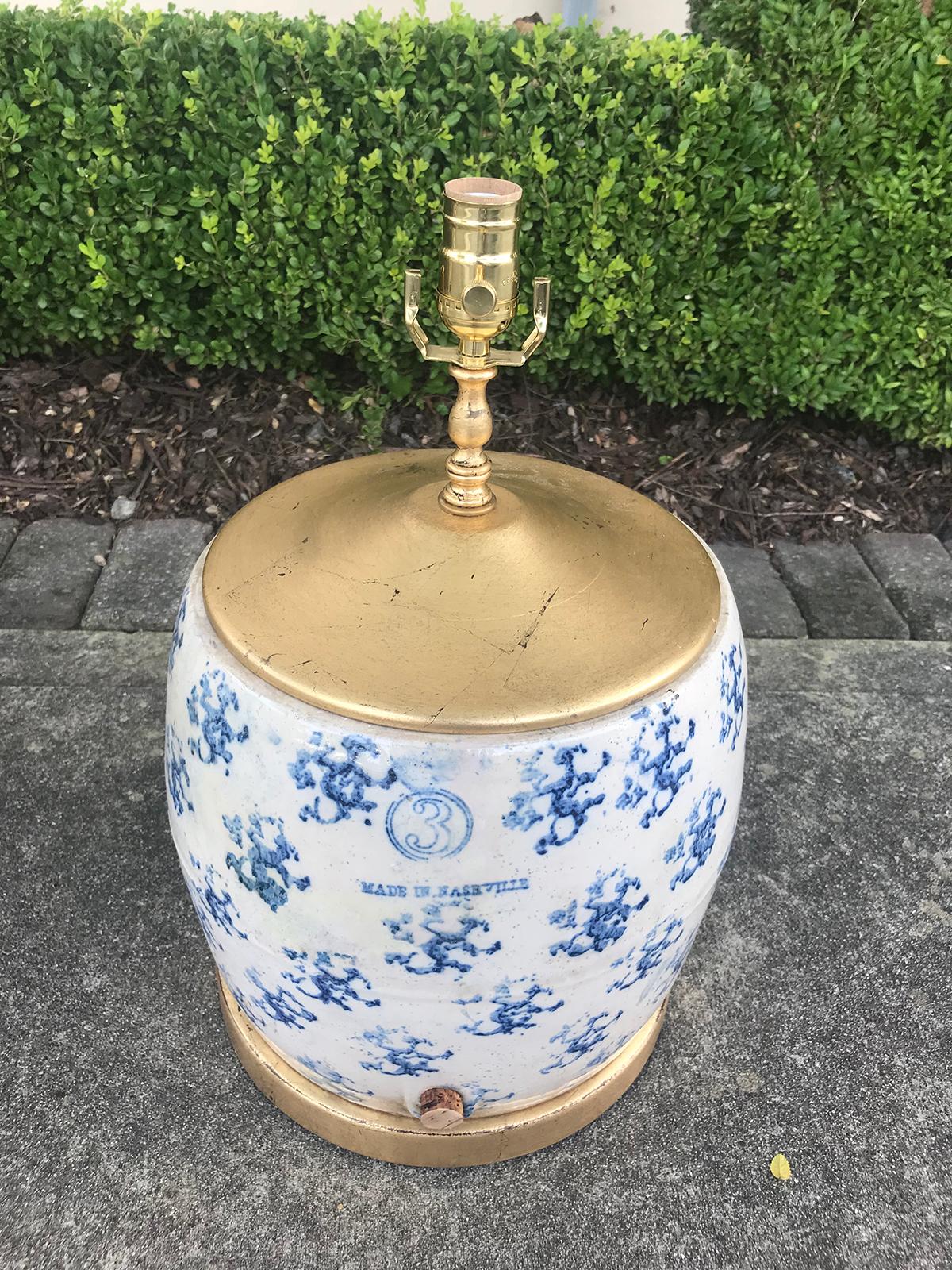 19th Century Spongeware Crock from Nashville as Lamp, Marked In Good Condition In Atlanta, GA