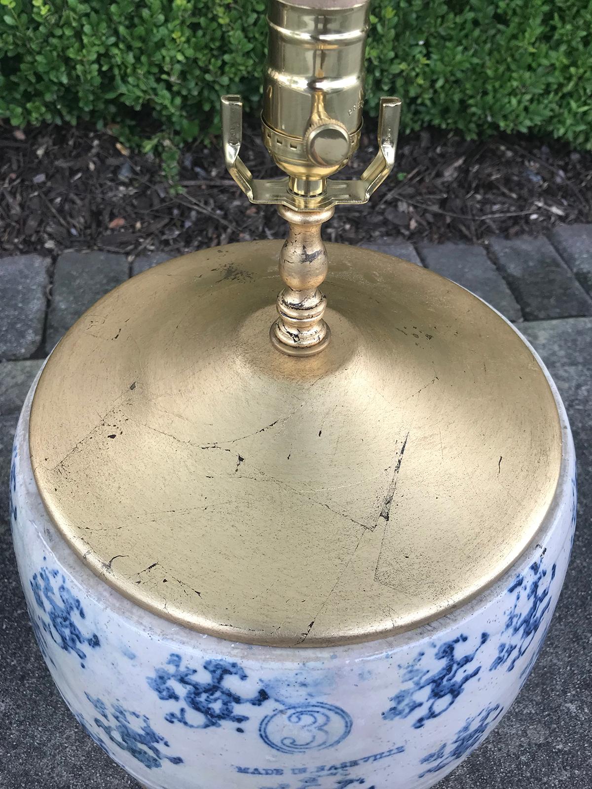 19th Century Spongeware Crock from Nashville as Lamp, Marked 3
