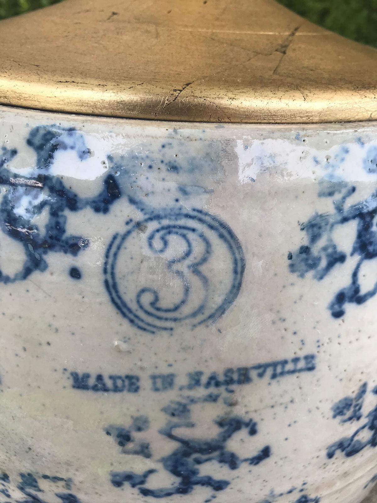 19th Century Spongeware Crock from Nashville as Lamp, Marked 4