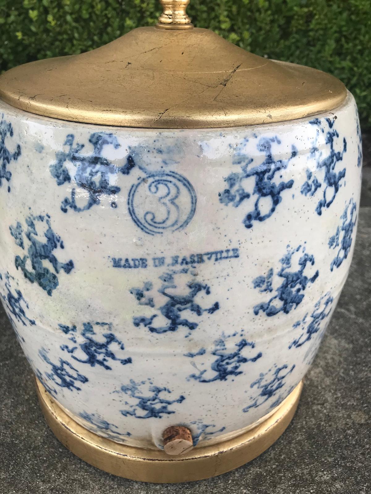 19th Century Spongeware Crock from Nashville as Lamp, Marked 5