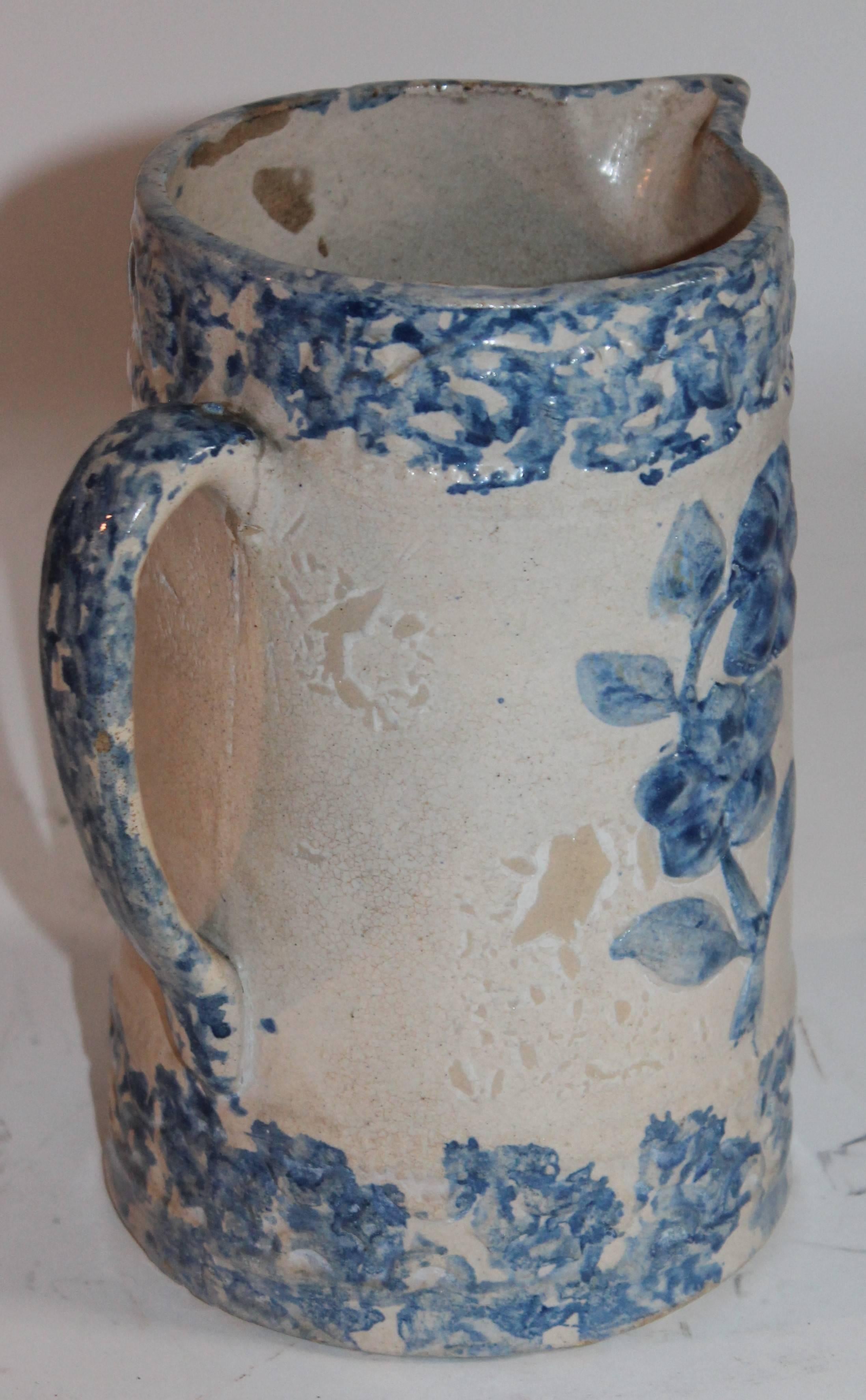 American 19th Century Spongeware Embossed Floral Pitcher