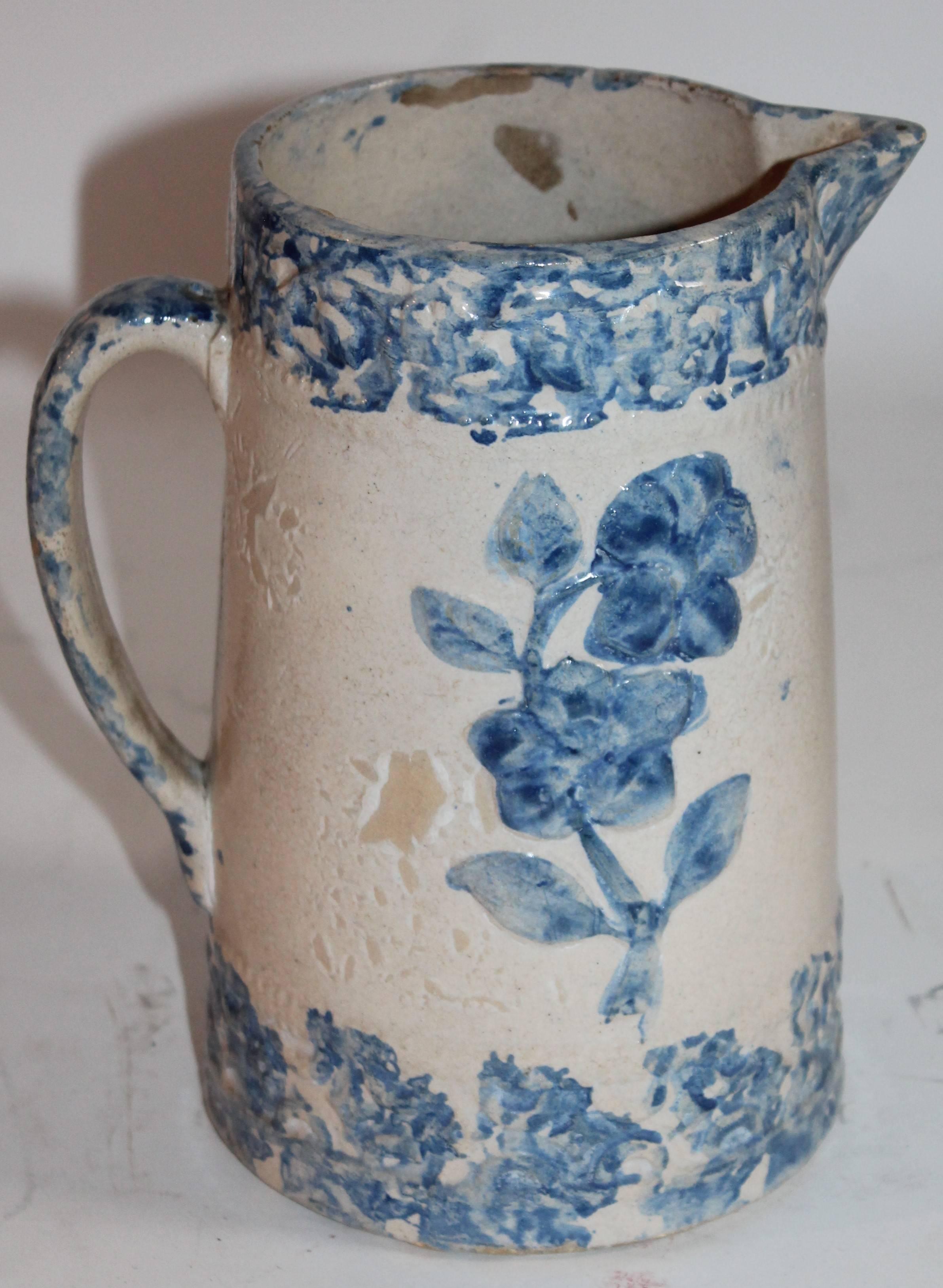 Hand-Painted 19th Century Spongeware Embossed Floral Pitcher