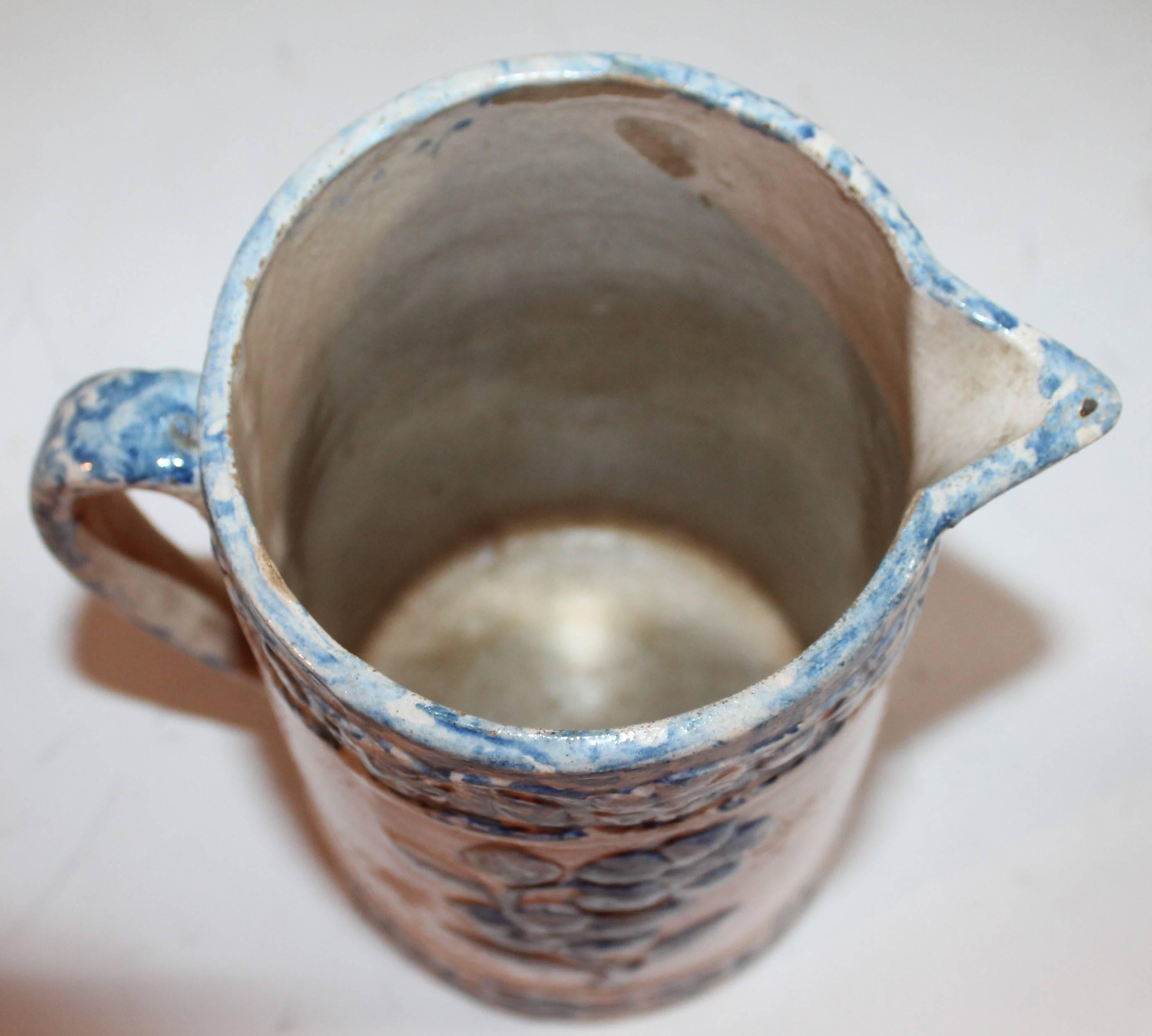 19th Century Spongeware Embossed Floral Pitcher 1