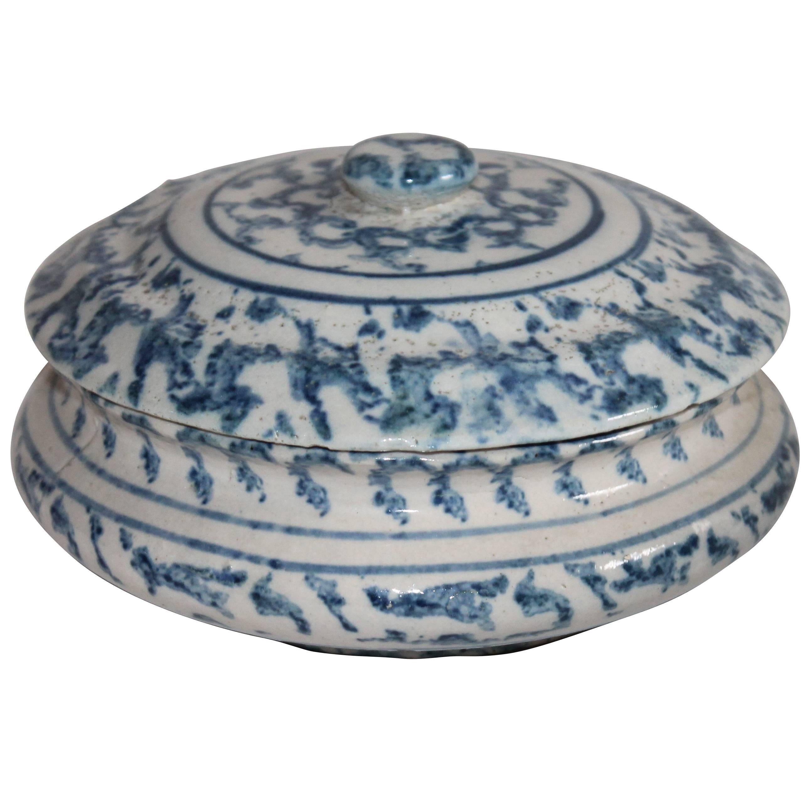 Récipient à couvercle en poterie de Spongeware du 19ème siècle