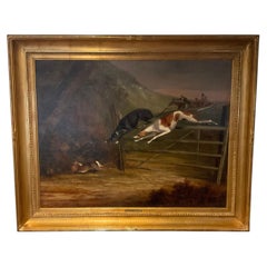 19TH century sporting painting of dogs chasing a rabit