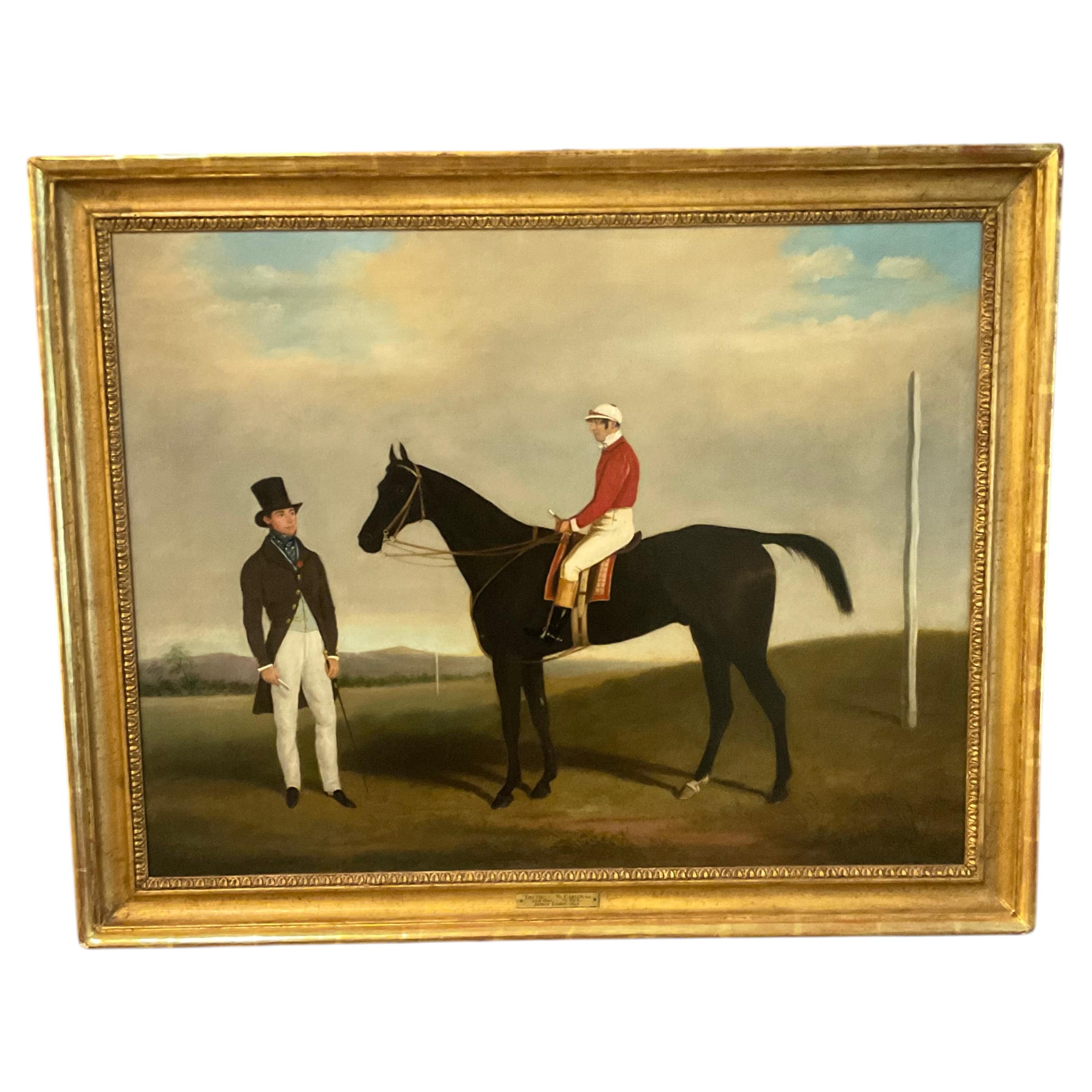 19TH century sporting painting of horse and jockey with trainer