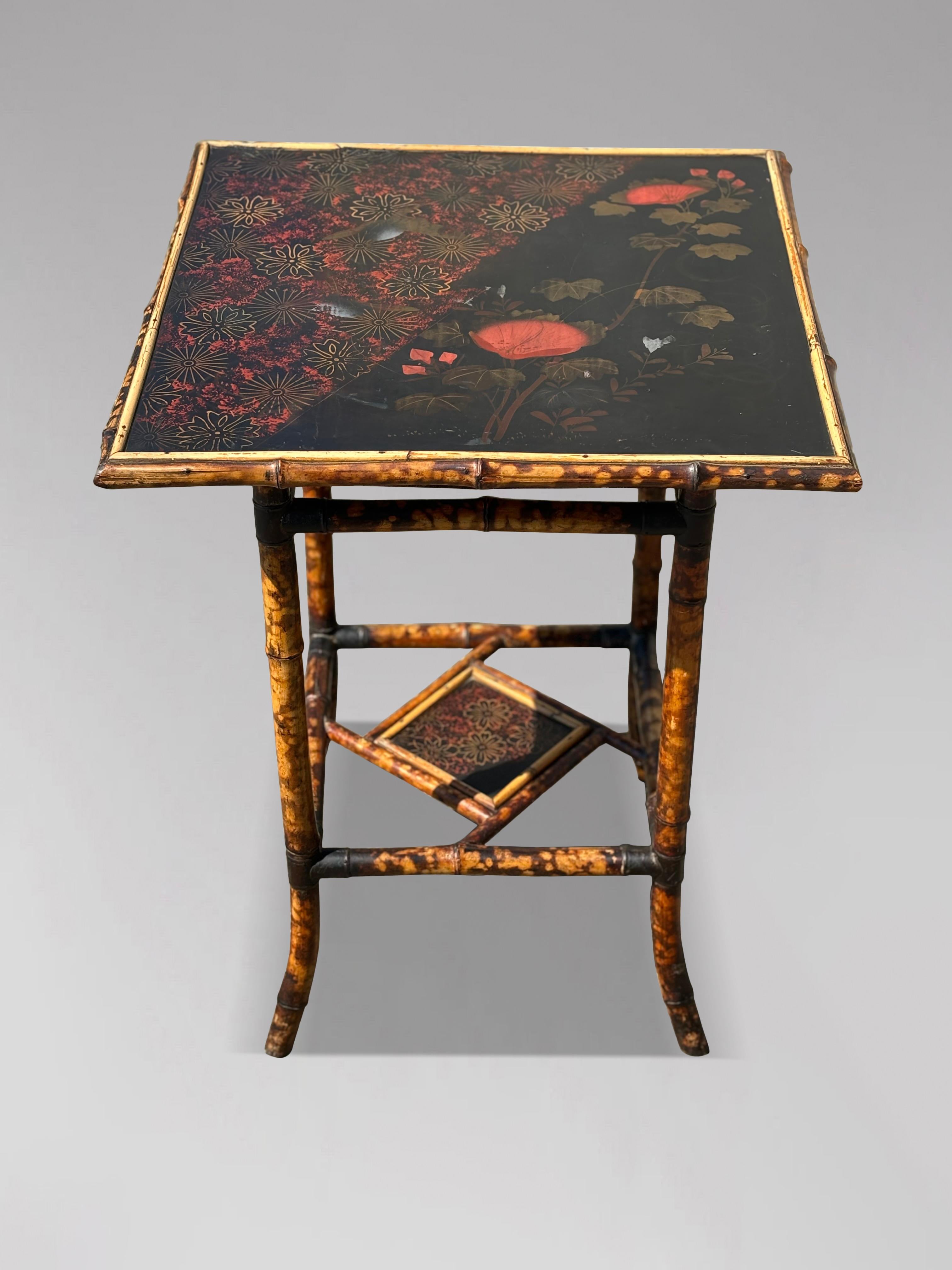 Victorian 19th Century Square Hand Painted Two Tier Tiger Bamboo Side Table