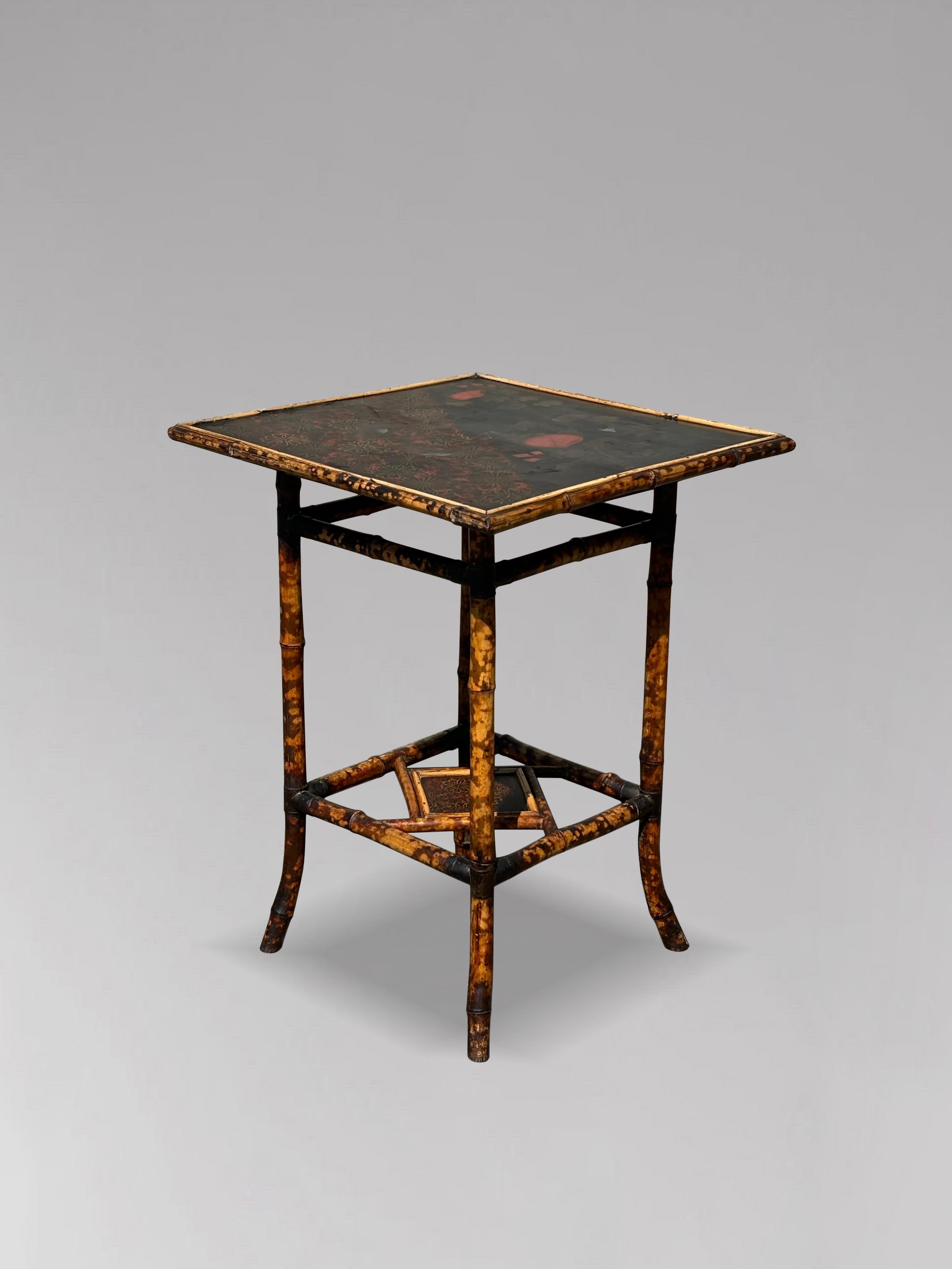 British 19th Century Square Hand Painted Two Tier Tiger Bamboo Side Table