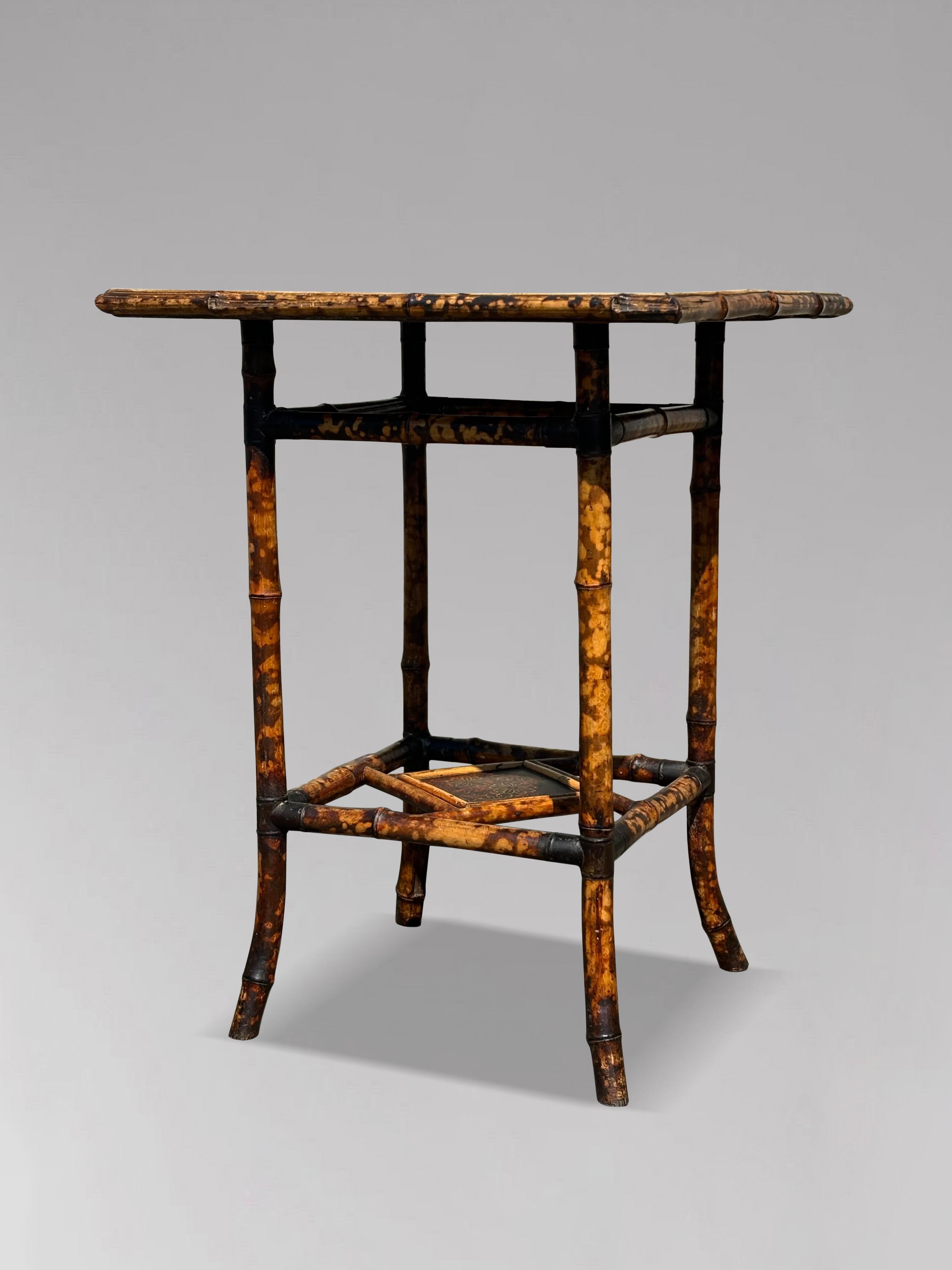 Hand-Painted 19th Century Square Hand Painted Two Tier Tiger Bamboo Side Table