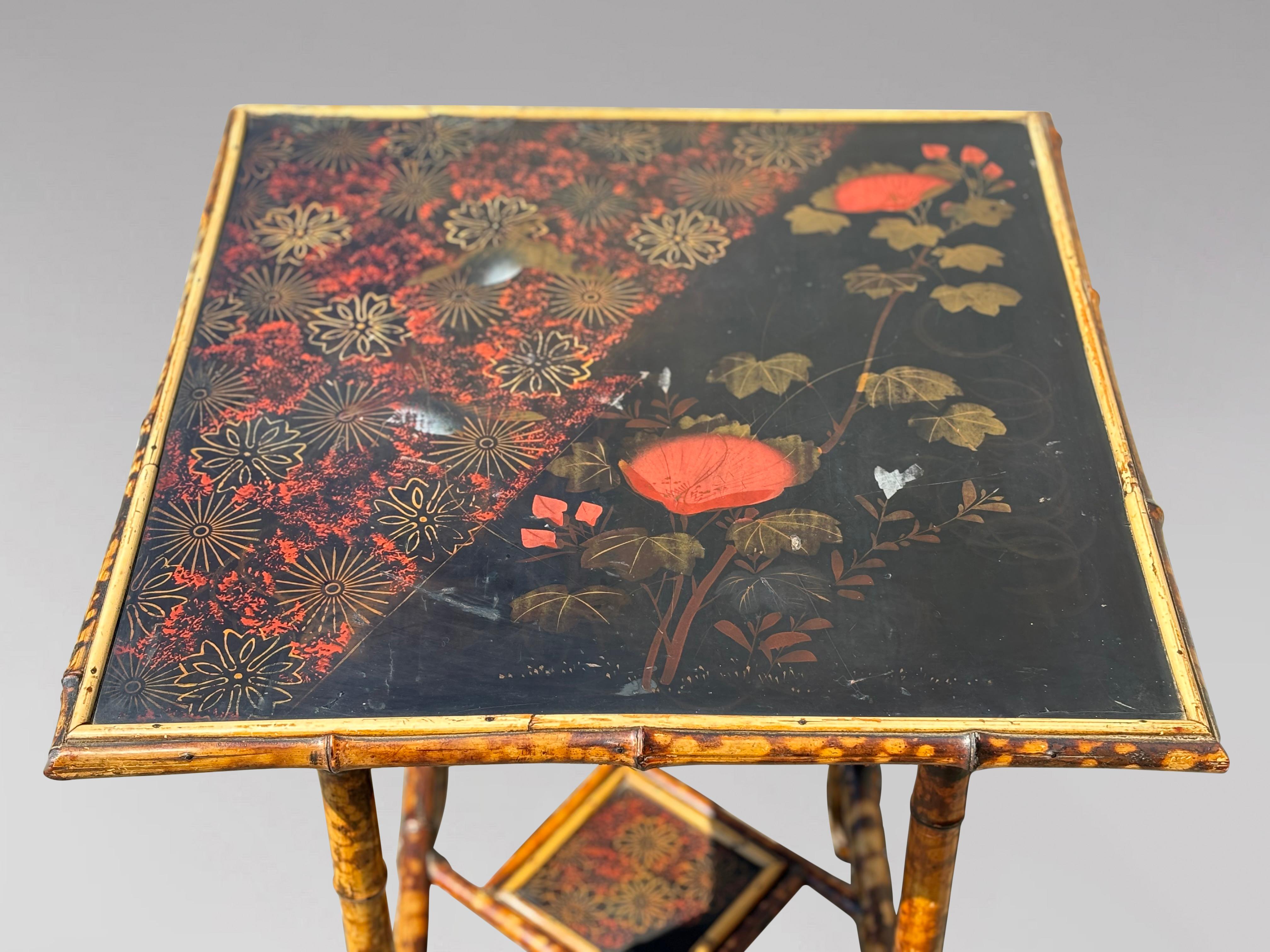 19th Century Square Hand Painted Two Tier Tiger Bamboo Side Table In Good Condition In Petworth,West Sussex, GB