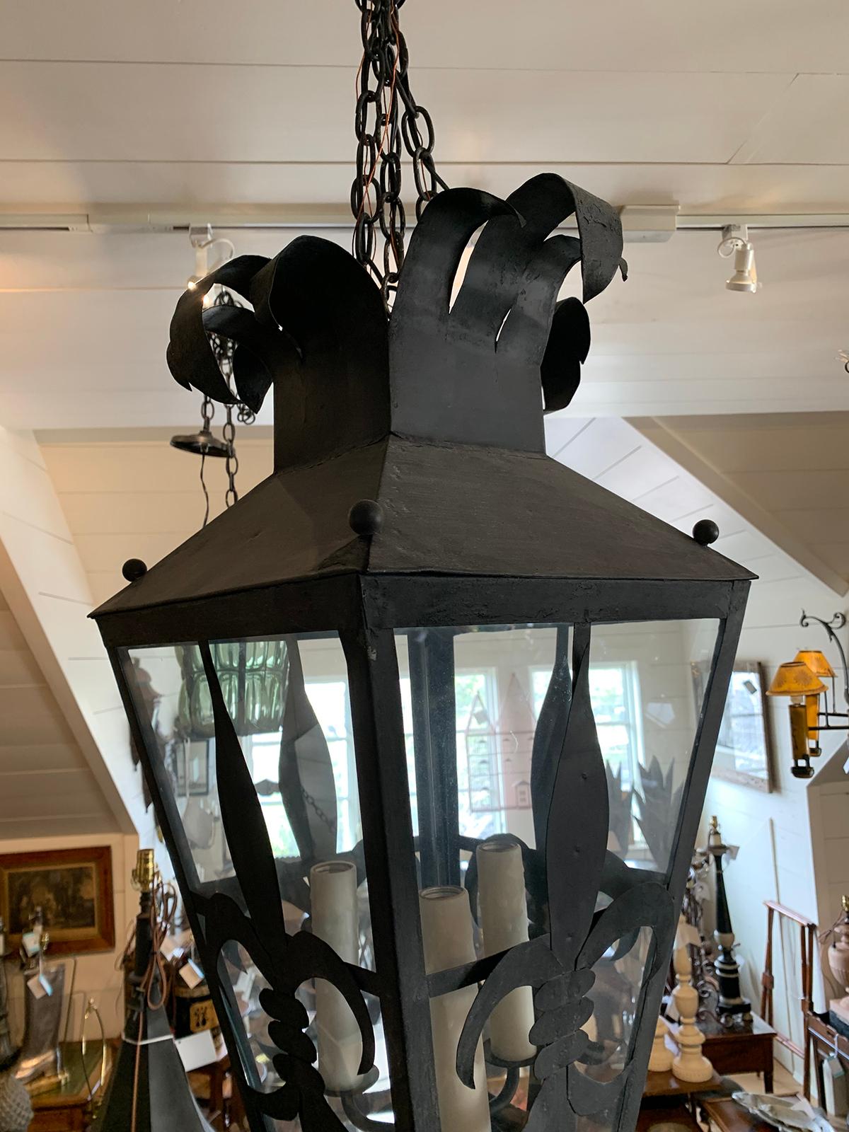 19th Century Square Iron Fleur de Lis Three-Light Lantern 5