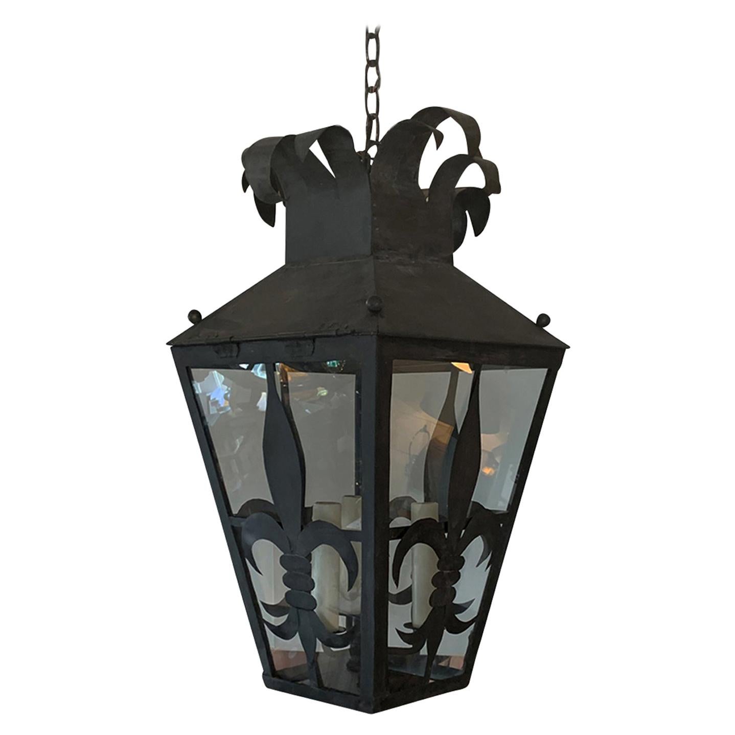 19th Century Square Iron Fleur de Lis Three-Light Lantern