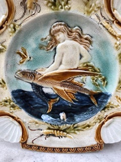 19th Century Square Majolica Mermaid Wall Plate