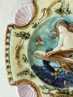 19th Century Square Majolica Mermaid Wall Plate