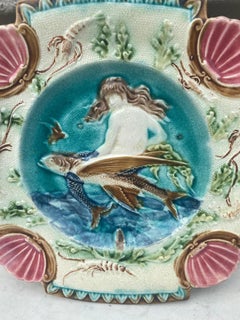 19th Century Square Majolica Mermaid Wall Plate